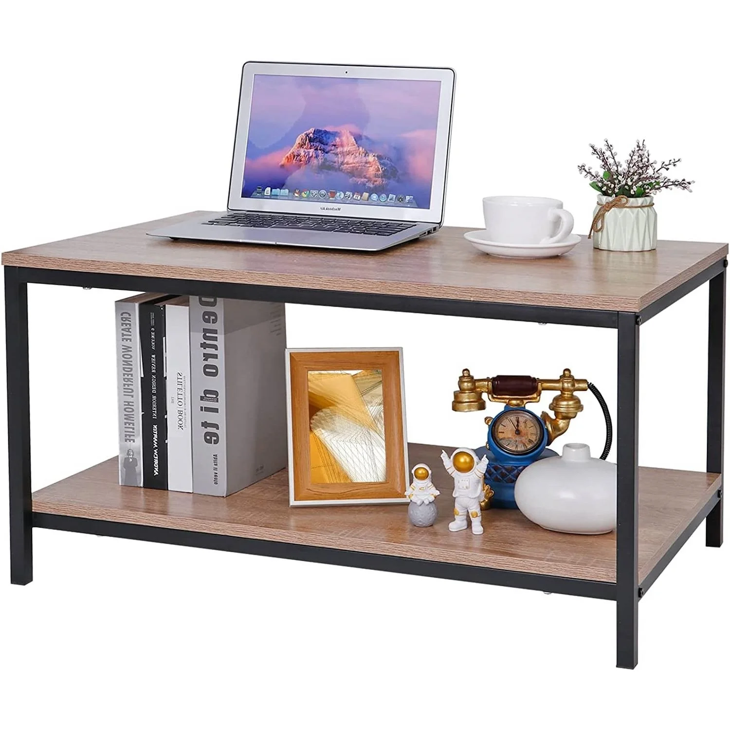 Modern 2-Tier Metal Wooden Coffee Table in Natural Wood Finish - Image 3