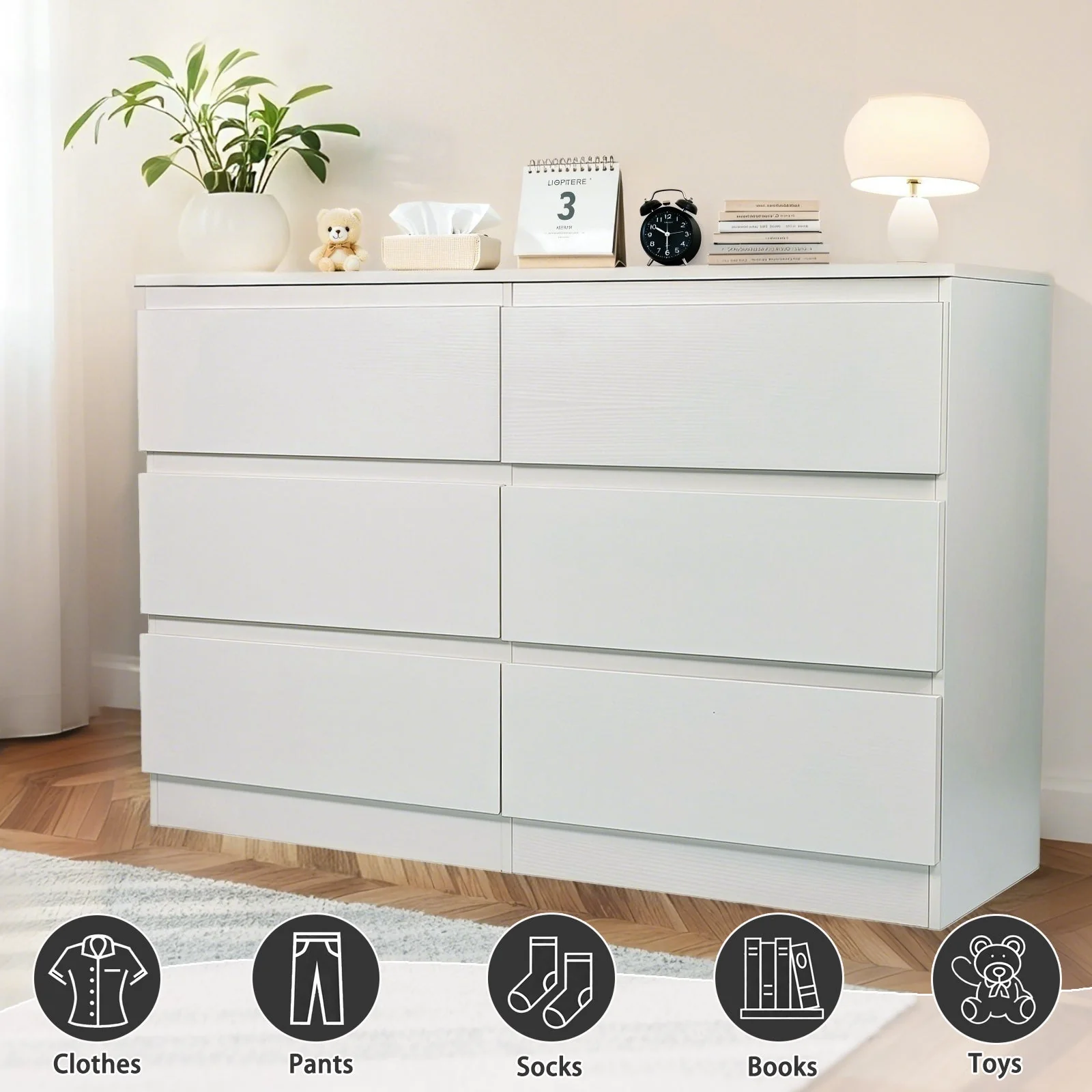 Modern 6 Drawer Dresser, White MDF - Image 4