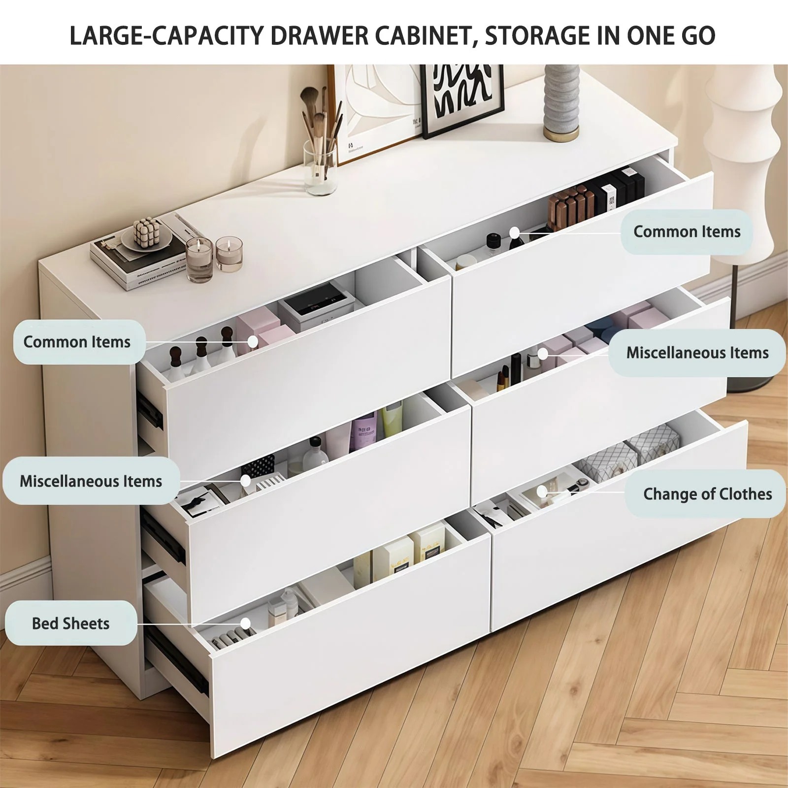 Modern 6 Drawer Dresser, White MDF - Image 6