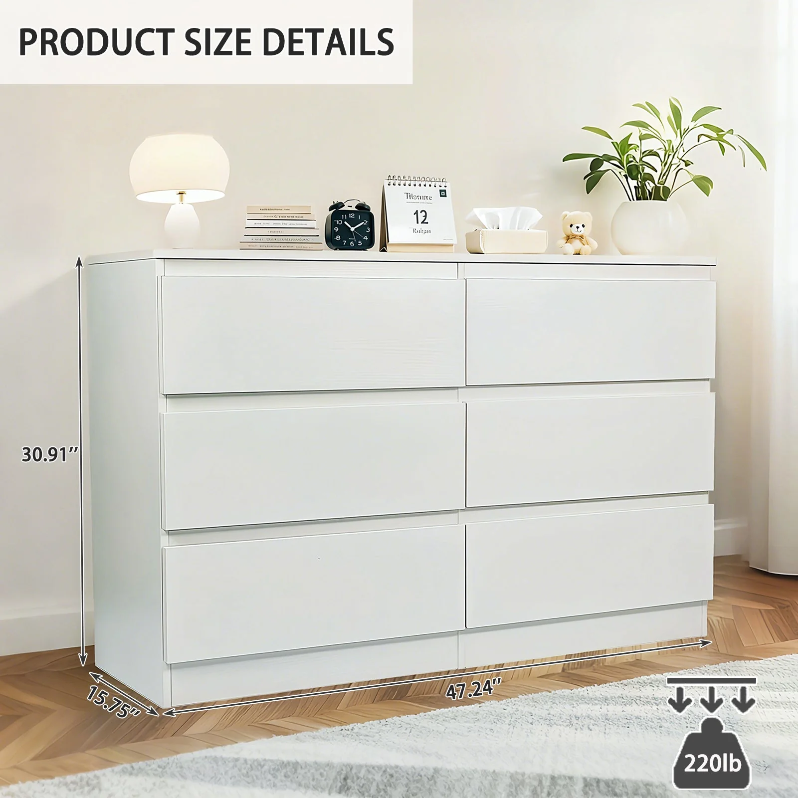 Modern 6 Drawer Dresser, White MDF - Image 7