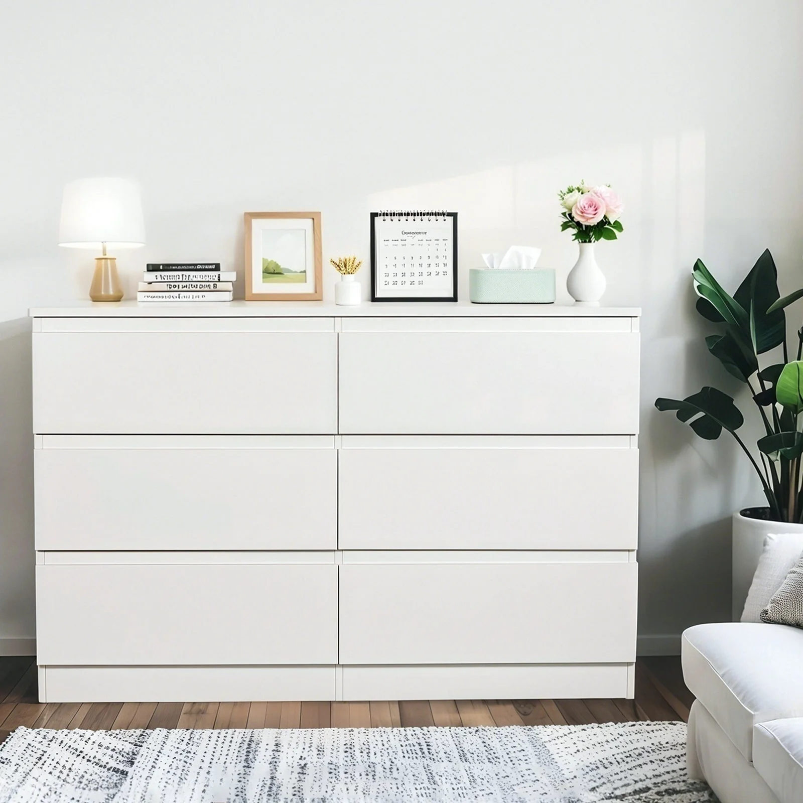 Modern 6 Drawer Dresser, White MDF - Image 9