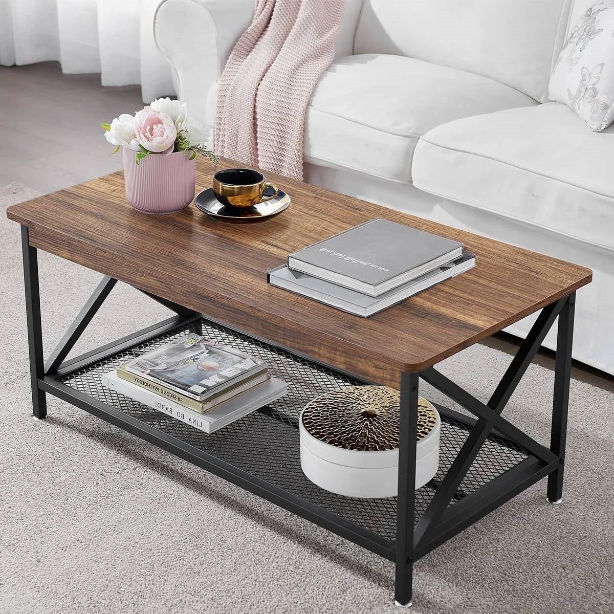 Modern Classic Metal Wood Coffee Table with Bottom Storage Shelf - Image 2