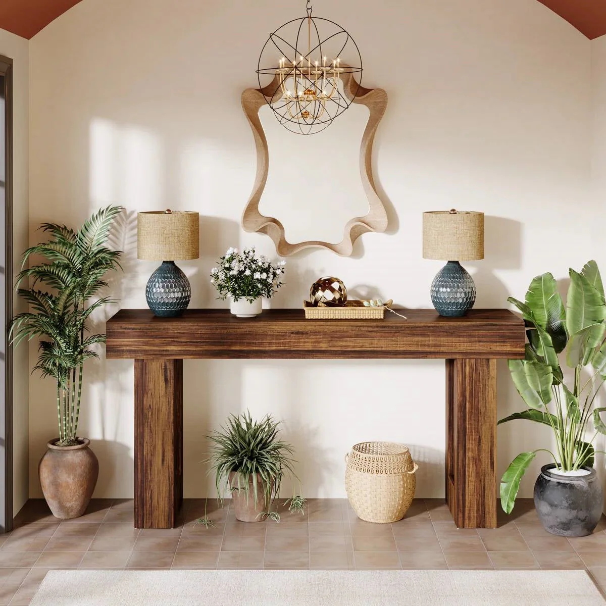 Farmhouse Long Narrow Console Sofa Table in Brown Wood Finish - Image 4