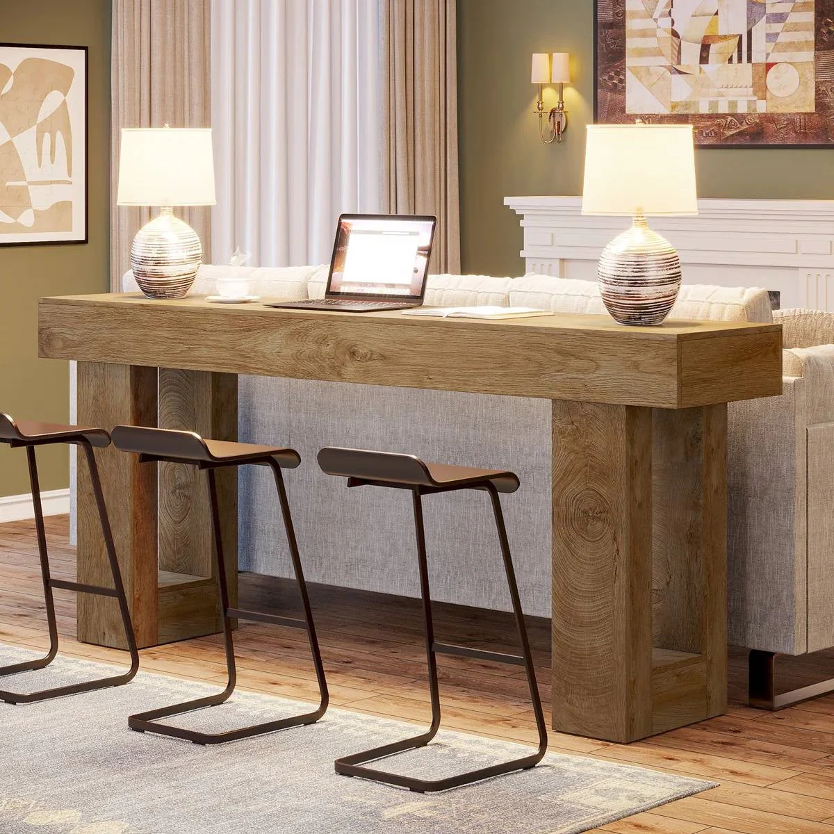 Farmhouse Long Narrow Console Sofa Table in Natural Wood Finish - Image 3