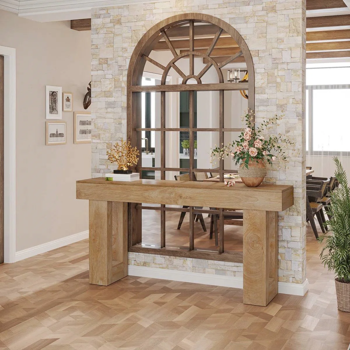 Farmhouse Long Narrow Console Sofa Table in Natural Wood Finish - Image 4