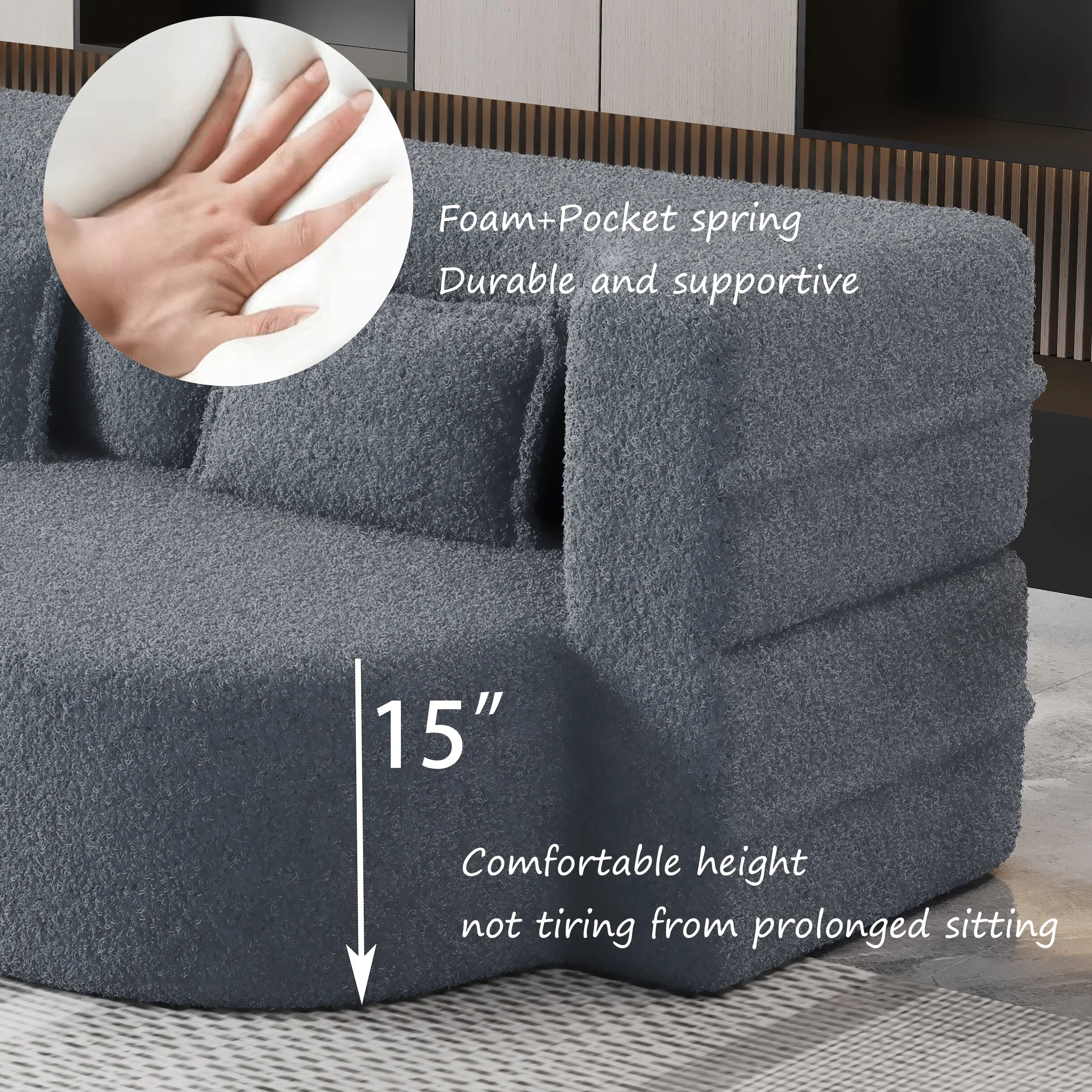 Modern Floor Sofa, with 2 Pillows, Grey - Image 17