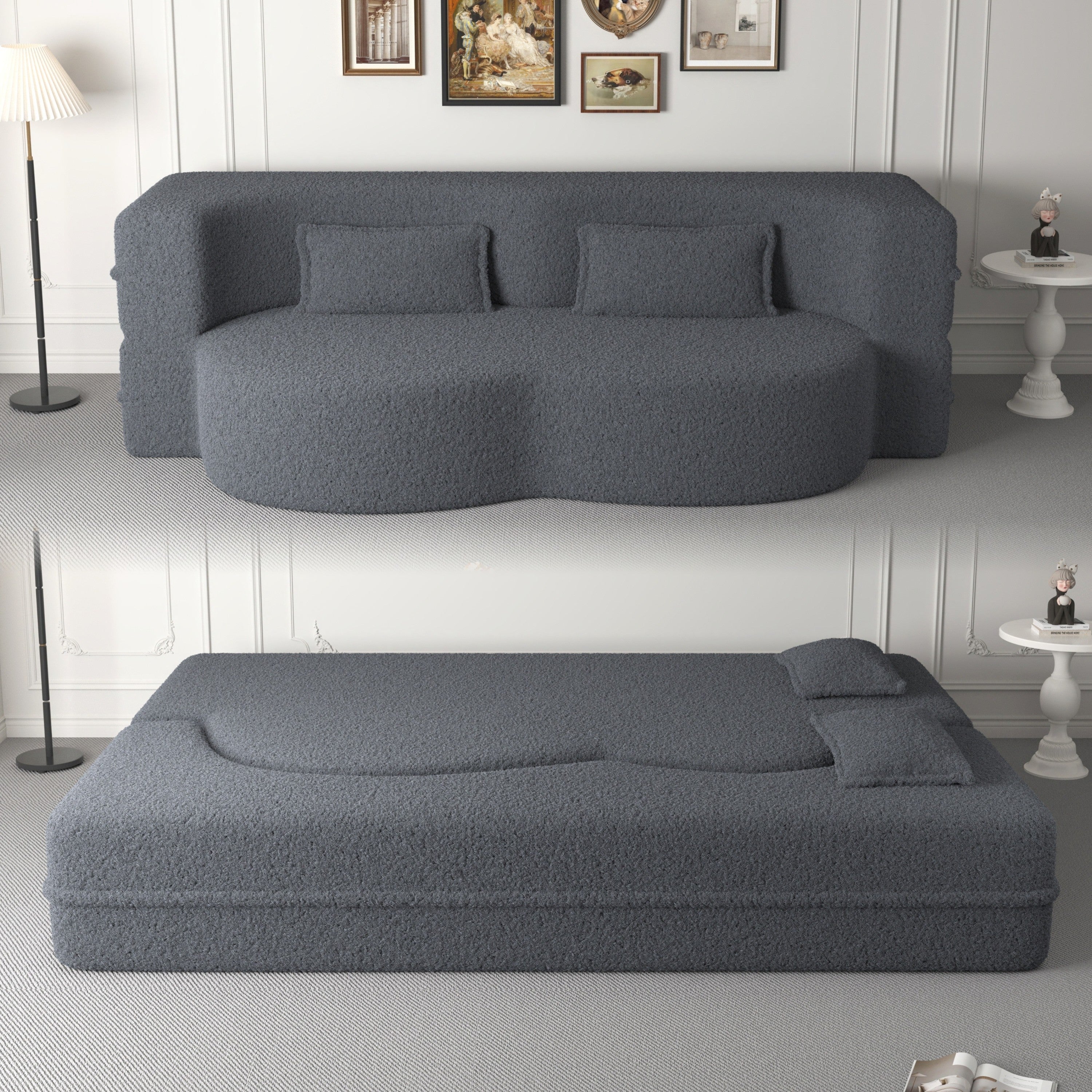 Modern Floor Sofa, with 2 Pillows, Grey - Image 3
