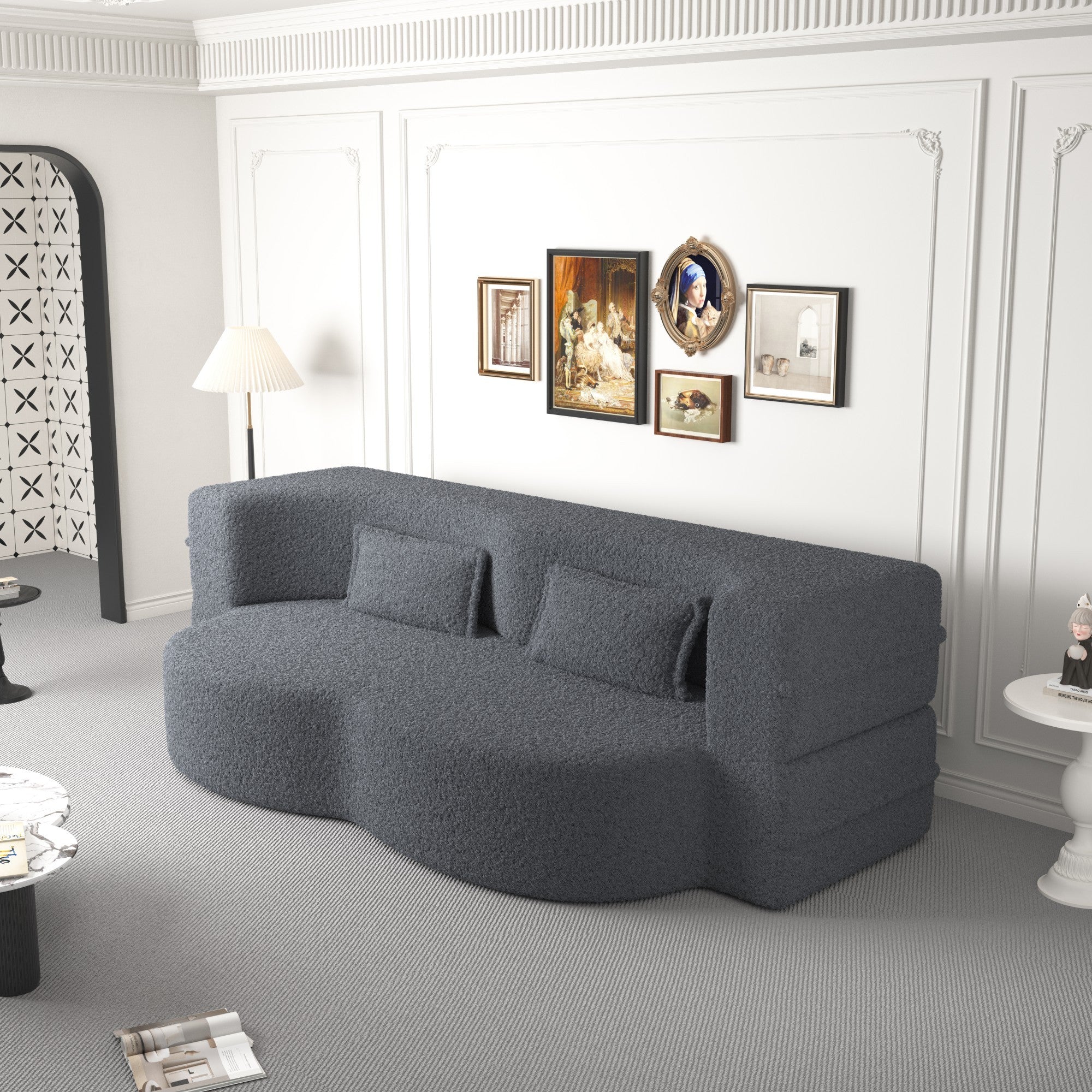 Modern Floor Sofa, with 2 Pillows, Grey - Image 7