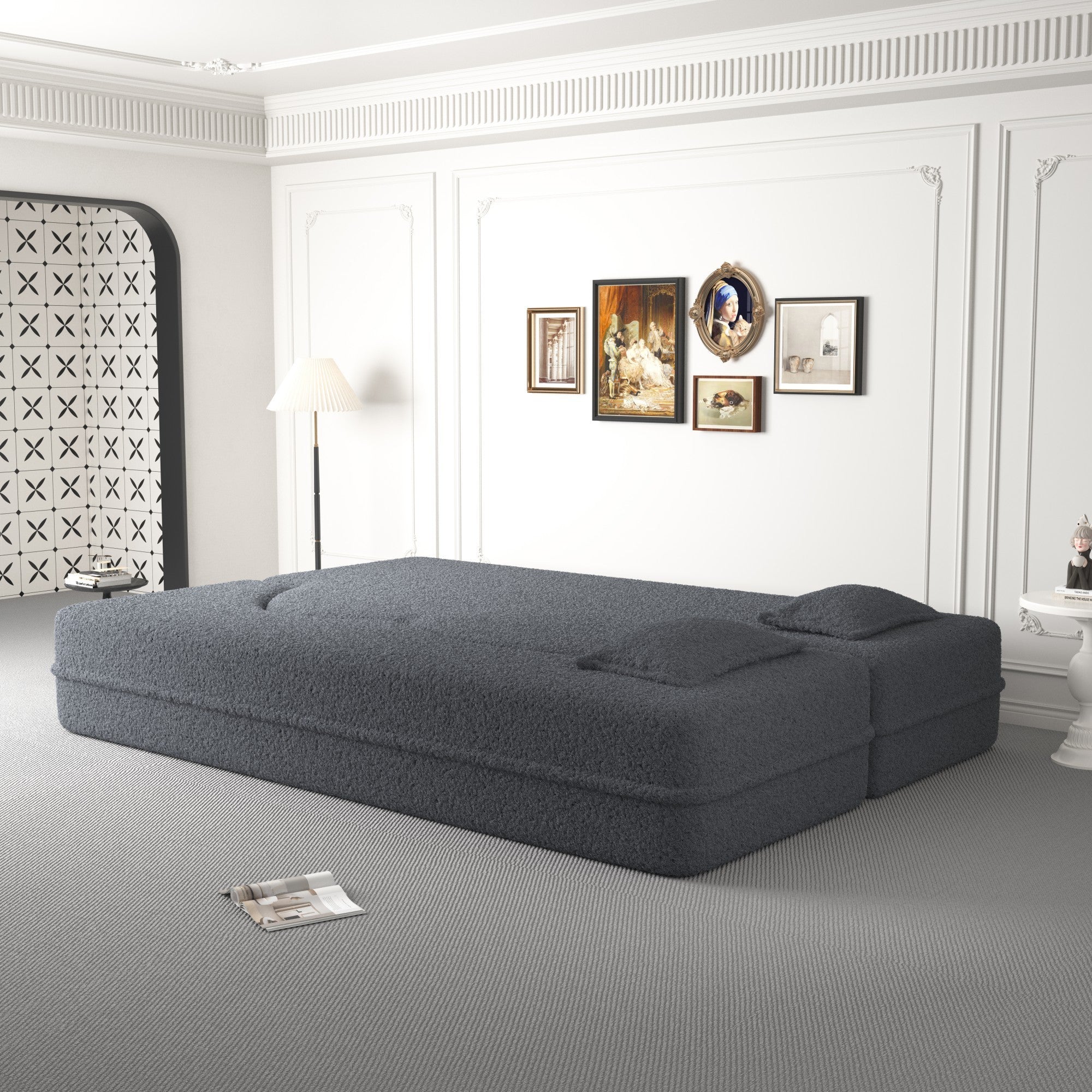 Modern Floor Sofa, with 2 Pillows, Grey - Image 9