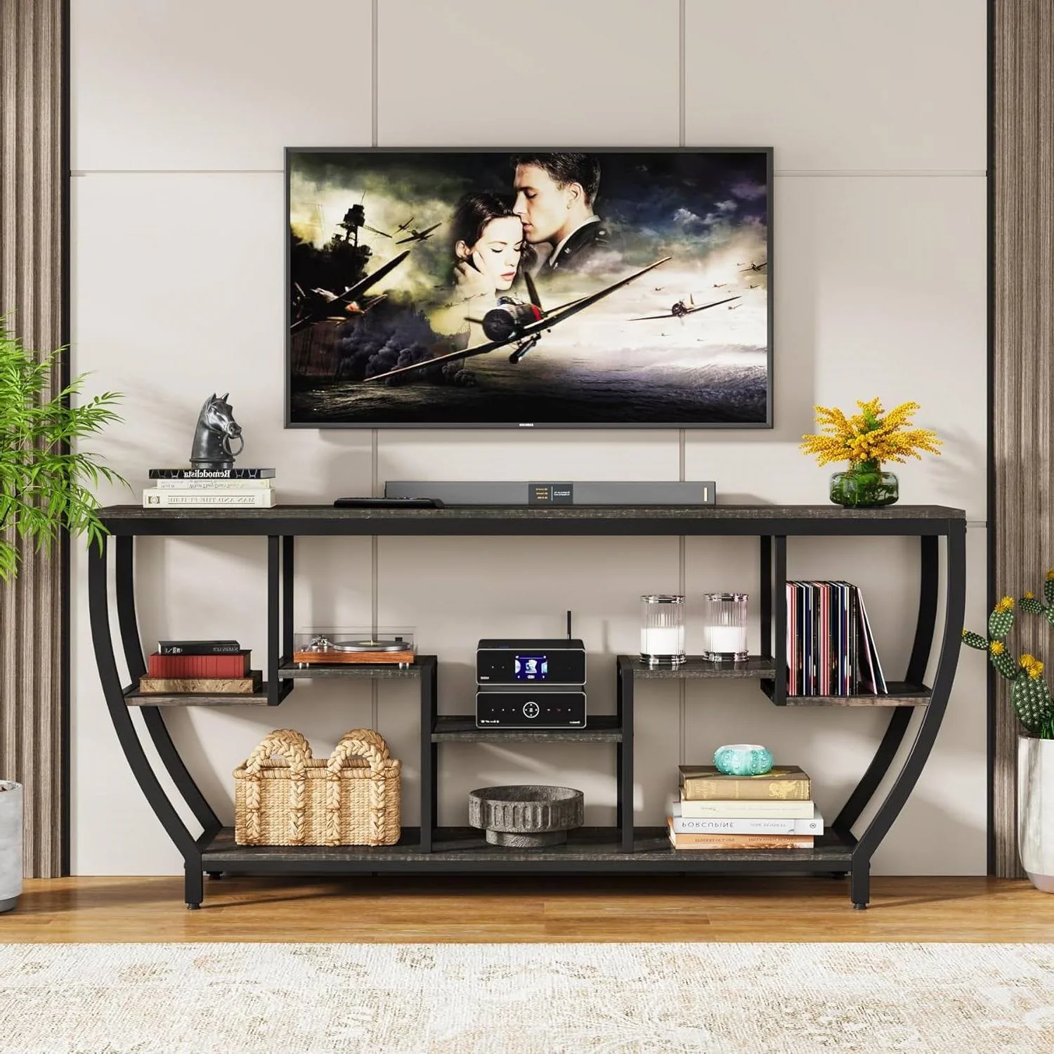 Industrial Long Narrow Console Sofa Table with Black Wood Shelves - Image 2