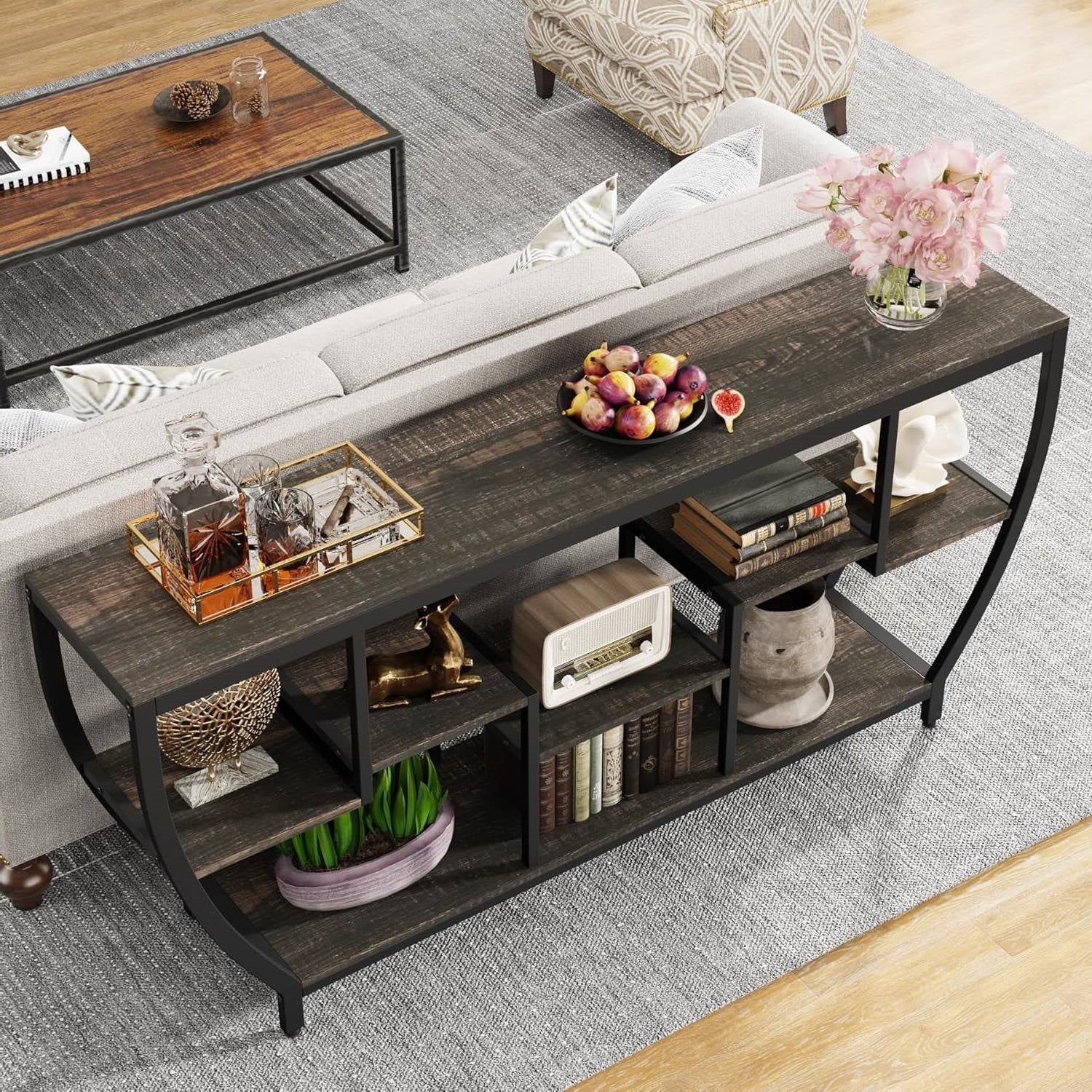 Industrial Long Narrow Console Sofa Table with Black Wood Shelves - Image 3