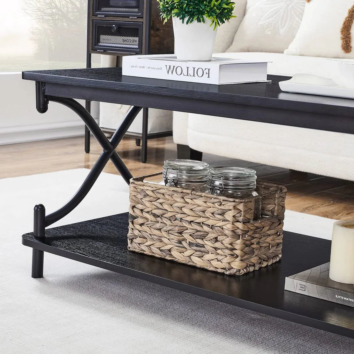 Industrial Black Coffee Table with Storage Shelf - Image 3