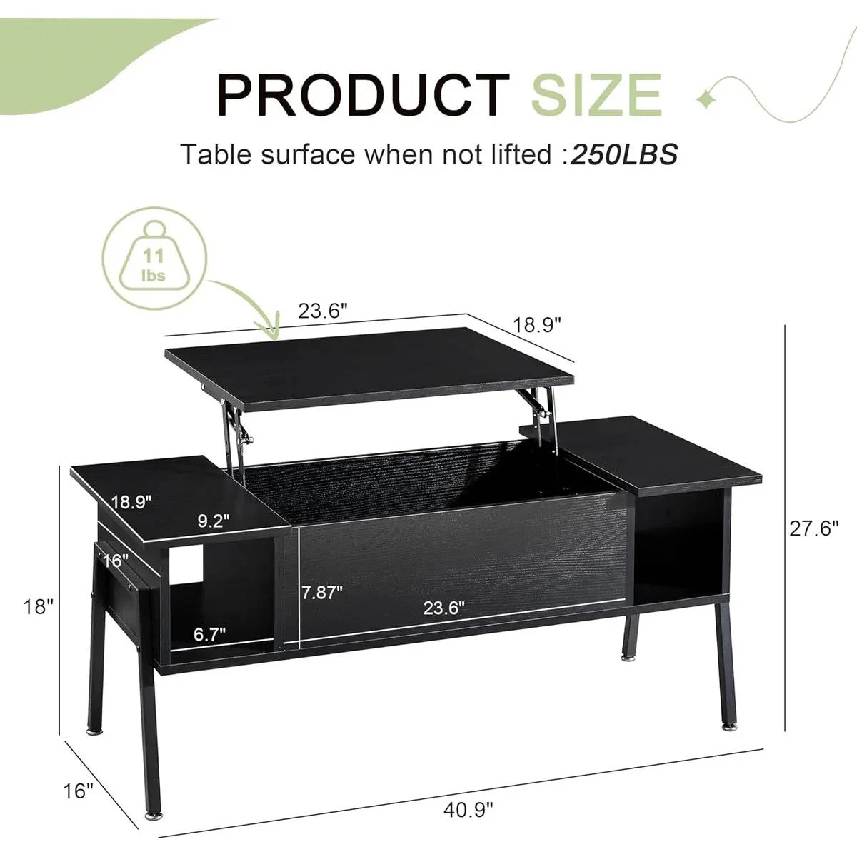 Lift-Top Coffee Table with Storage Shelf in Black Wood Finish - Image 5