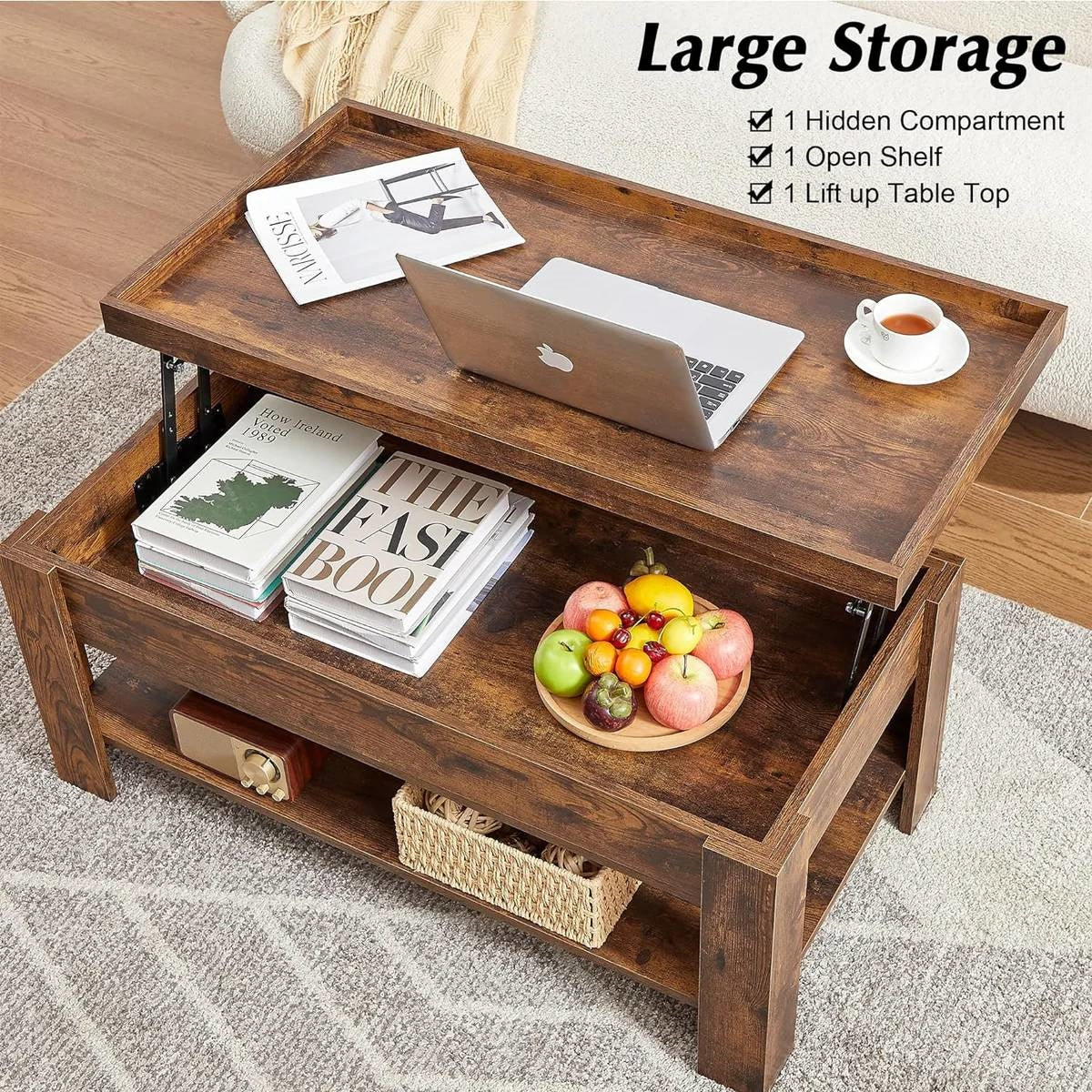 Modern Lift Top Coffee Table with Storage Shelf in Brown Wood Finish - Image 2