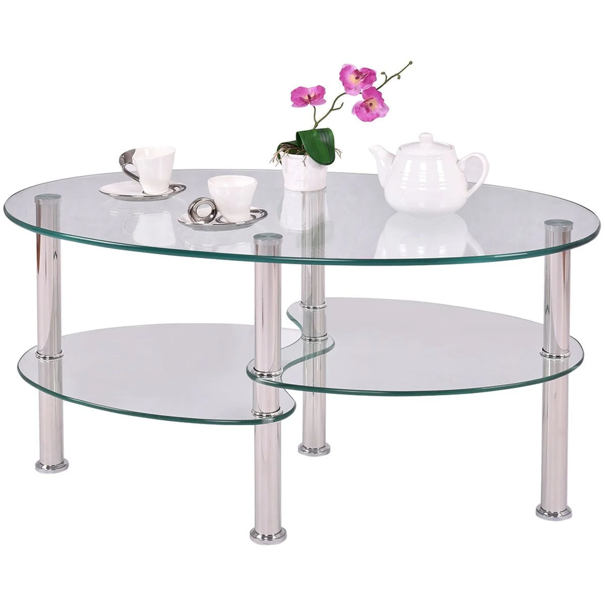 Oval Tempered Glass Coffee Table with Bottom Shelf - Image 2