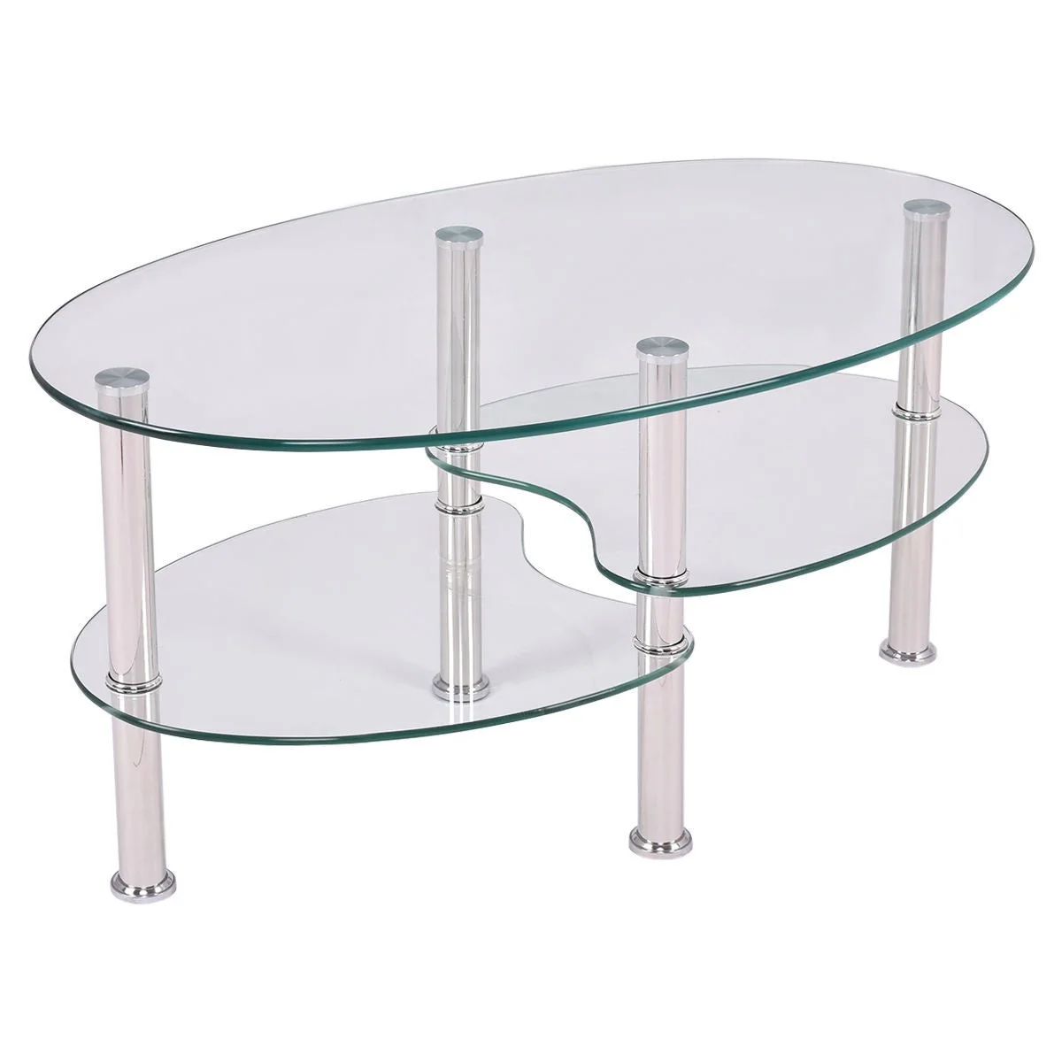 Oval Tempered Glass Coffee Table with Bottom Shelf - Image 3