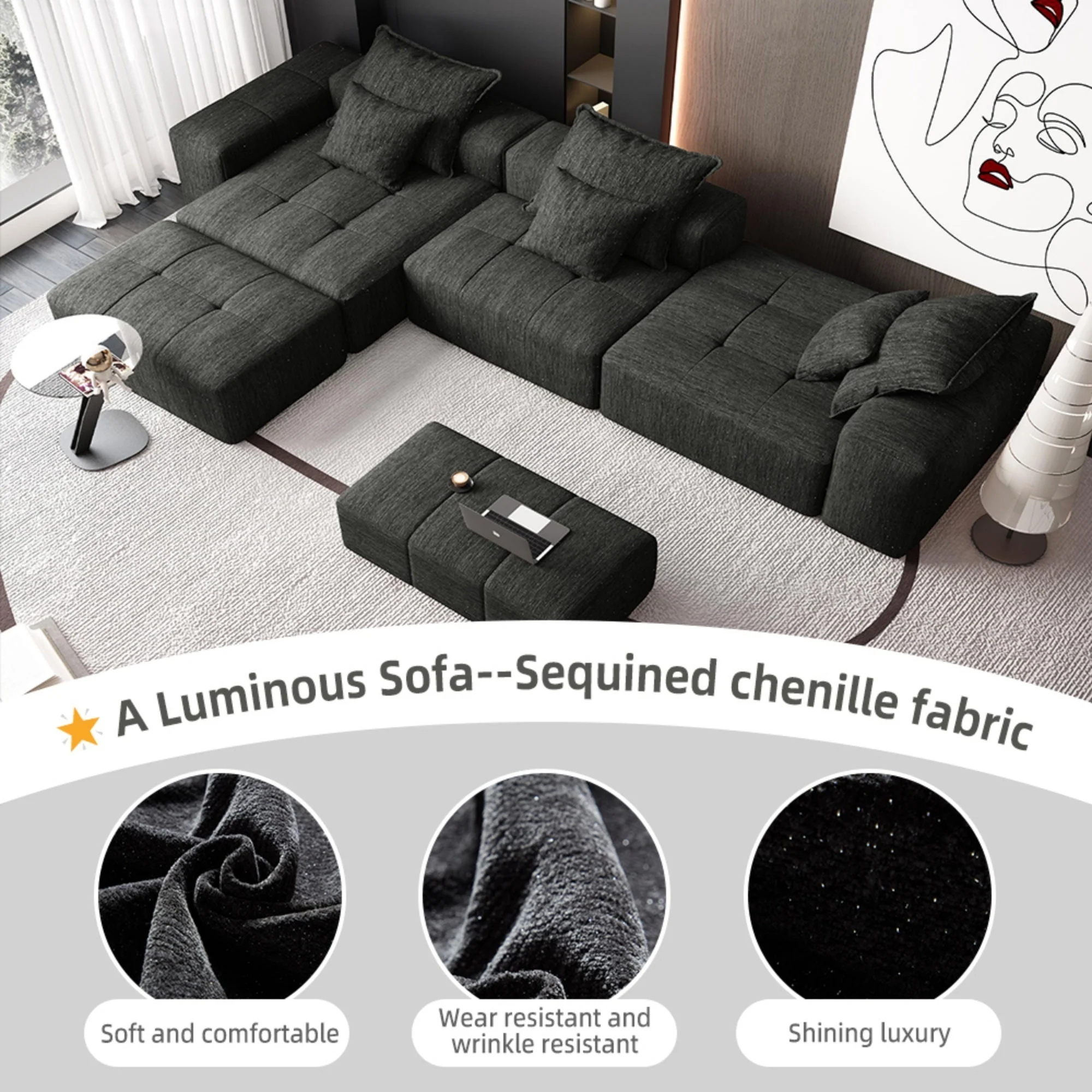 Oversized Modular Sectional Sofa, with 6 Pillows, Black - Image 12