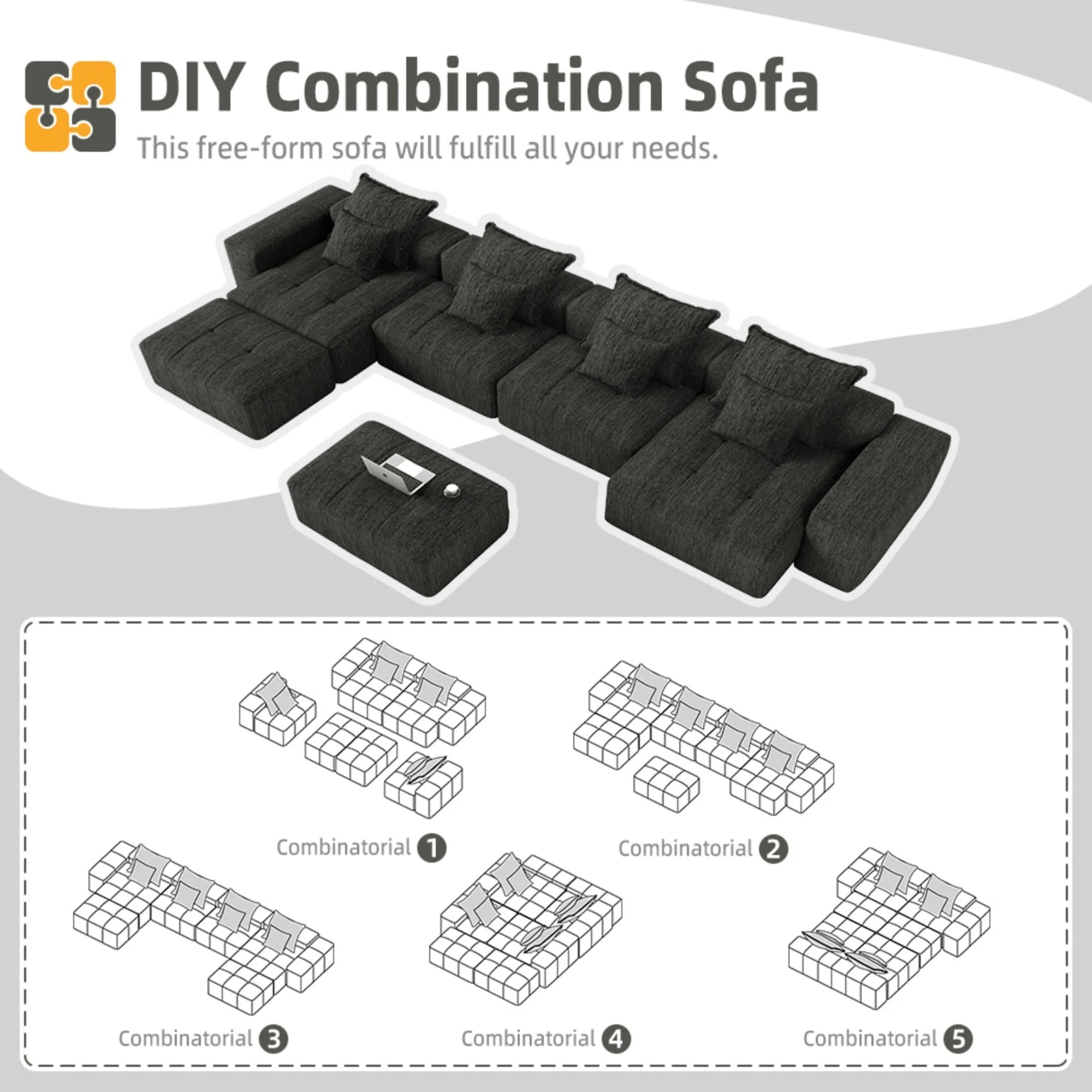 Oversized Modular Sectional Sofa with 8 Pillows, Black - Image 12