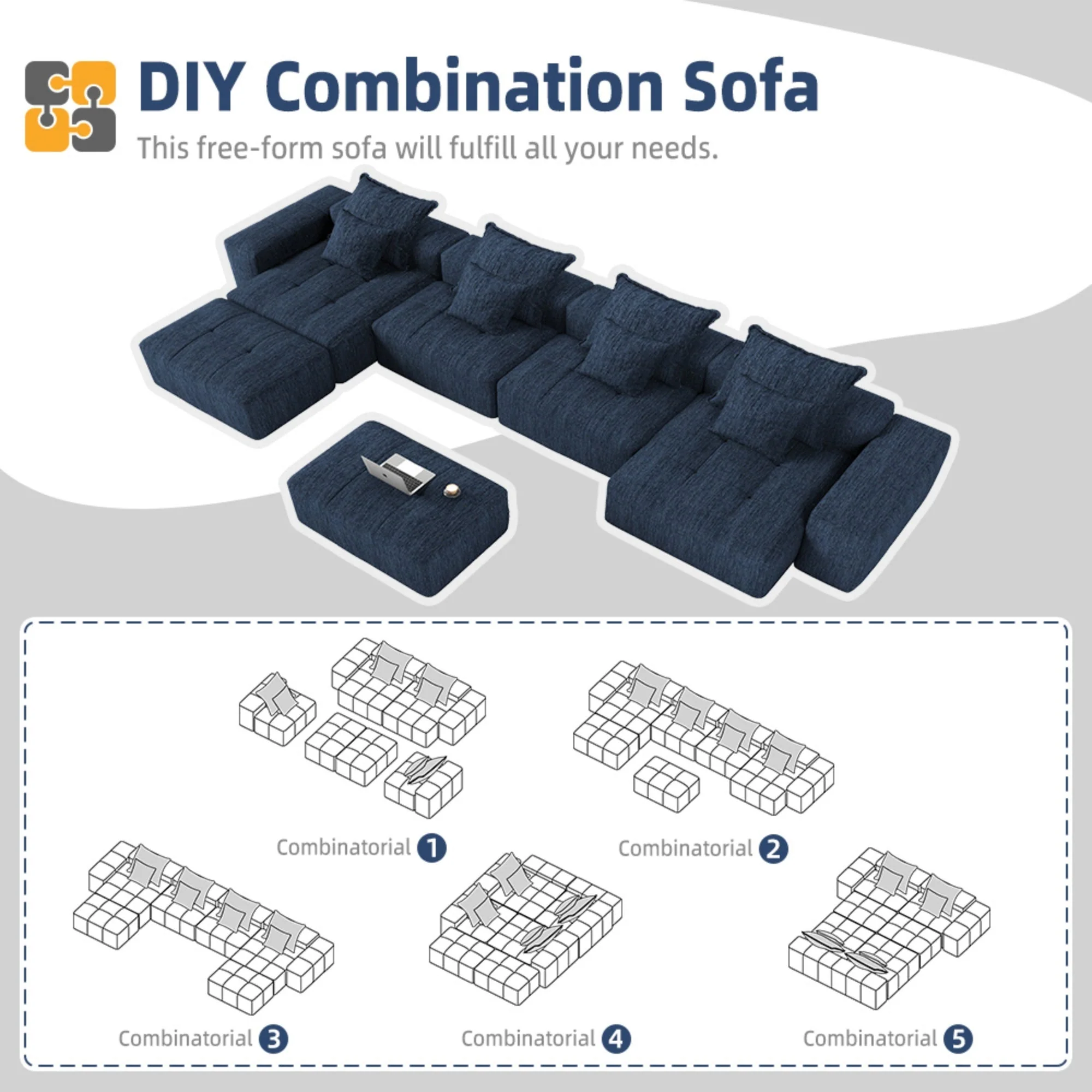 Modern Oversized Modular Sectional Sofa, Blue - Image 12