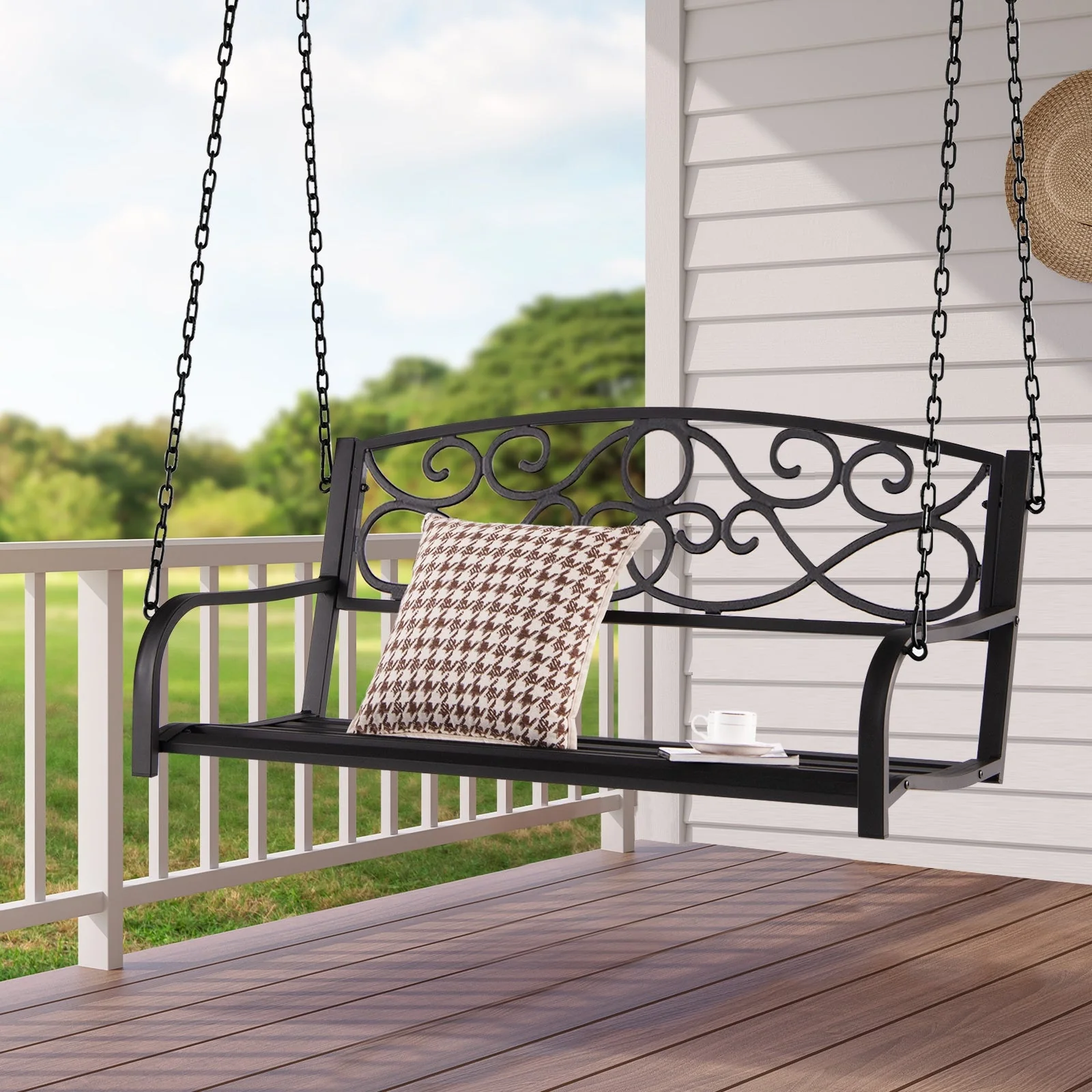 Outdoor 2-Person Metal Porch Swing Chair - Brown - Image 2