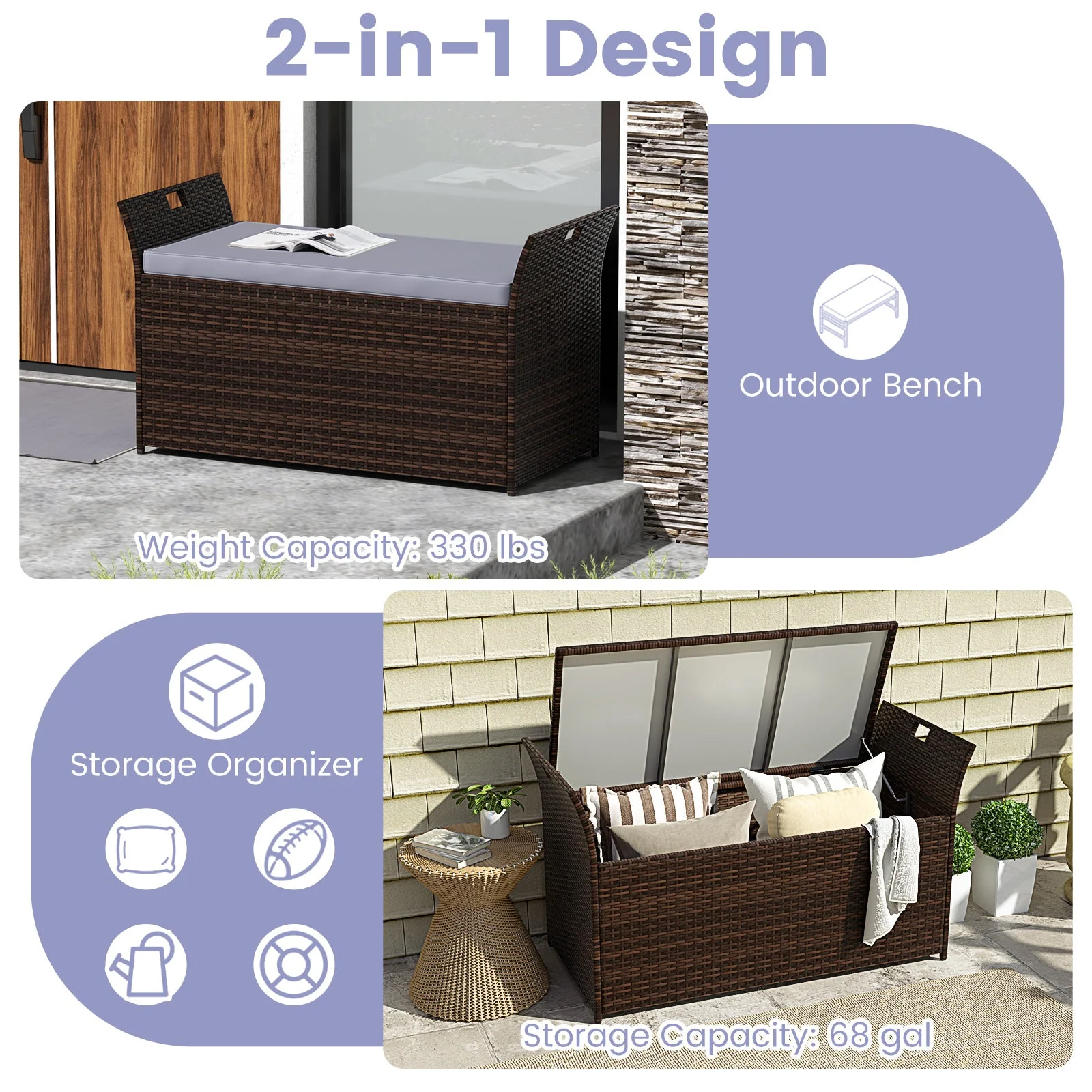 Outdoor Bench with Hand-woven PE Rattan Wicker - Gray - Image 7