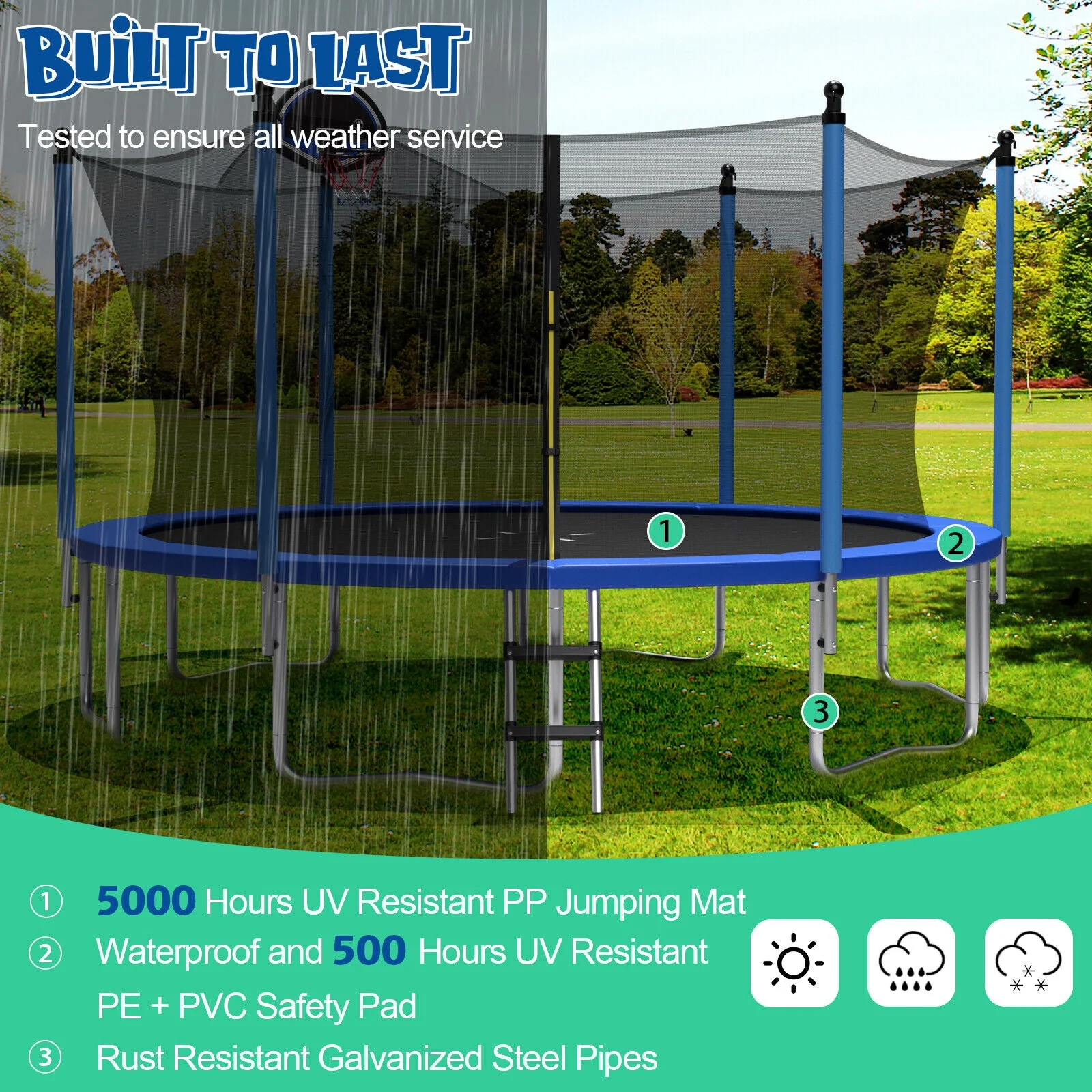 Outdoor Recreational Trampoline with Ladder and Enclosure Net-14 ft - Image 2