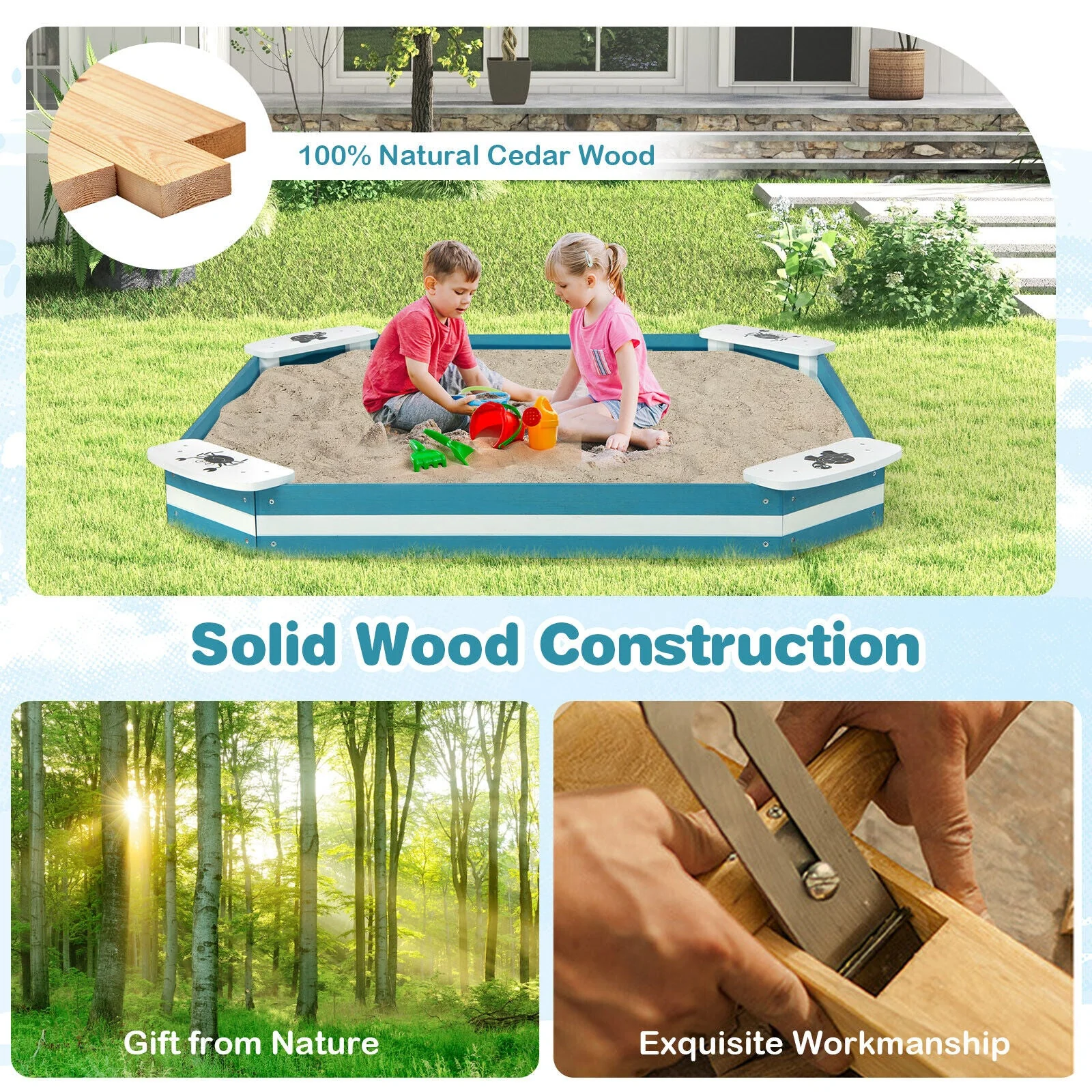 Outdoor Solid Wood Sandbox with 4 Built-in Animal Patterns Seats - Image 6