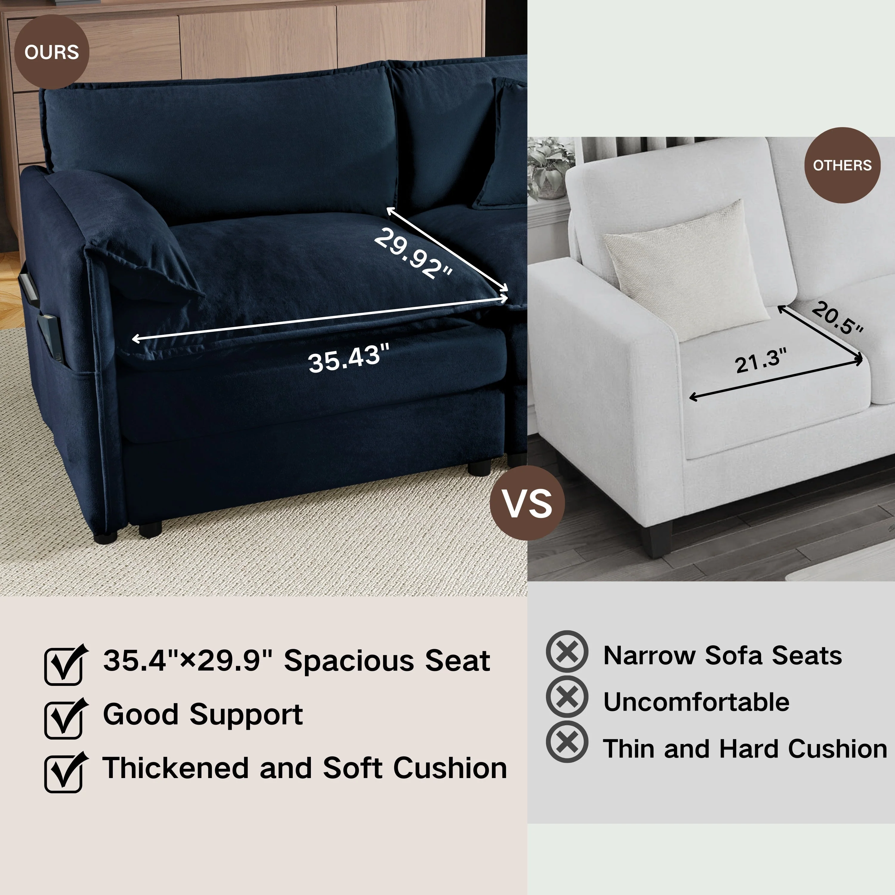 Oversized Deep Seat Sectional Sofa with 3 Ottomans & Pillows, Blue - Image 8