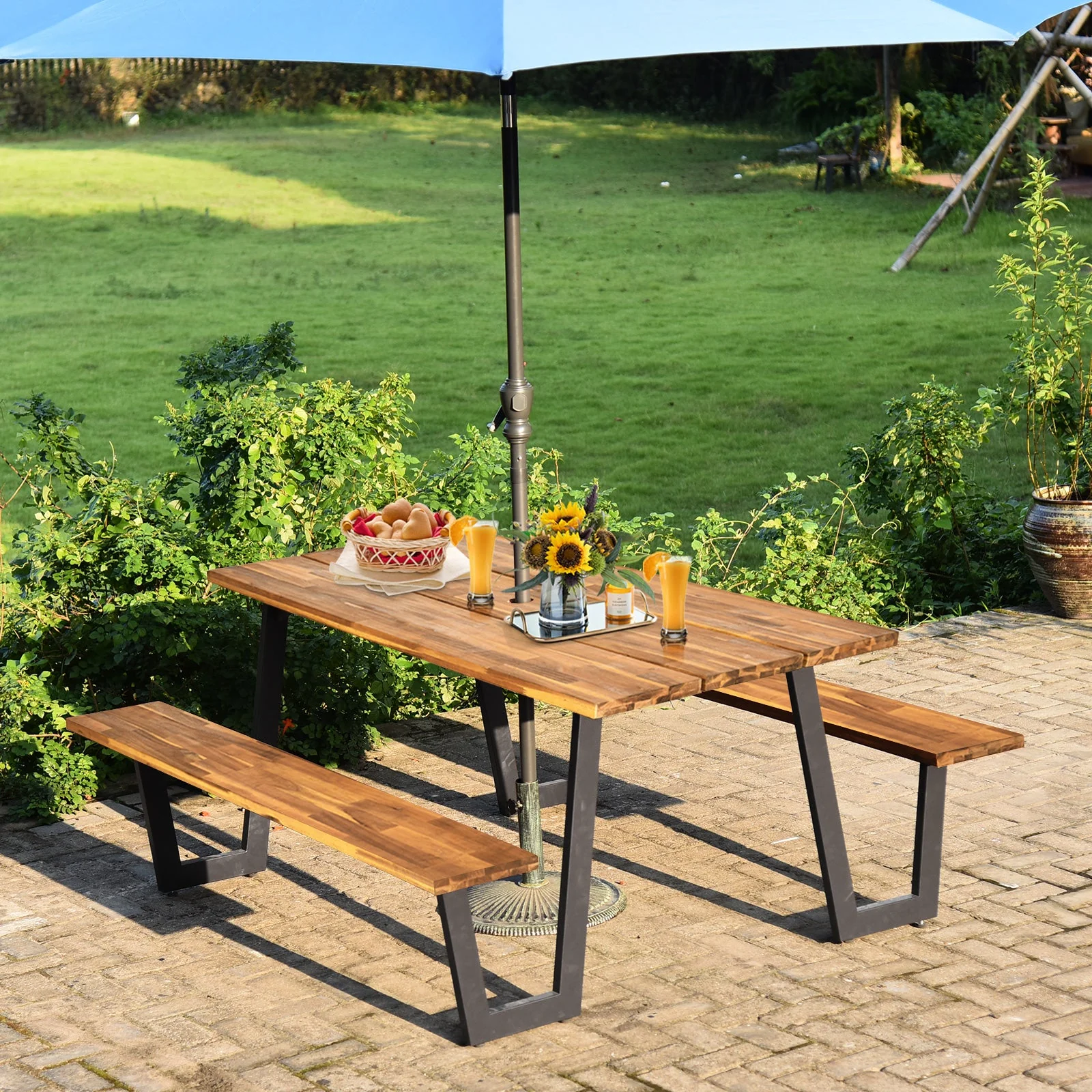 Patented 70 Inch Dining Table Set with Seats and Umbrella Hole - Image 7