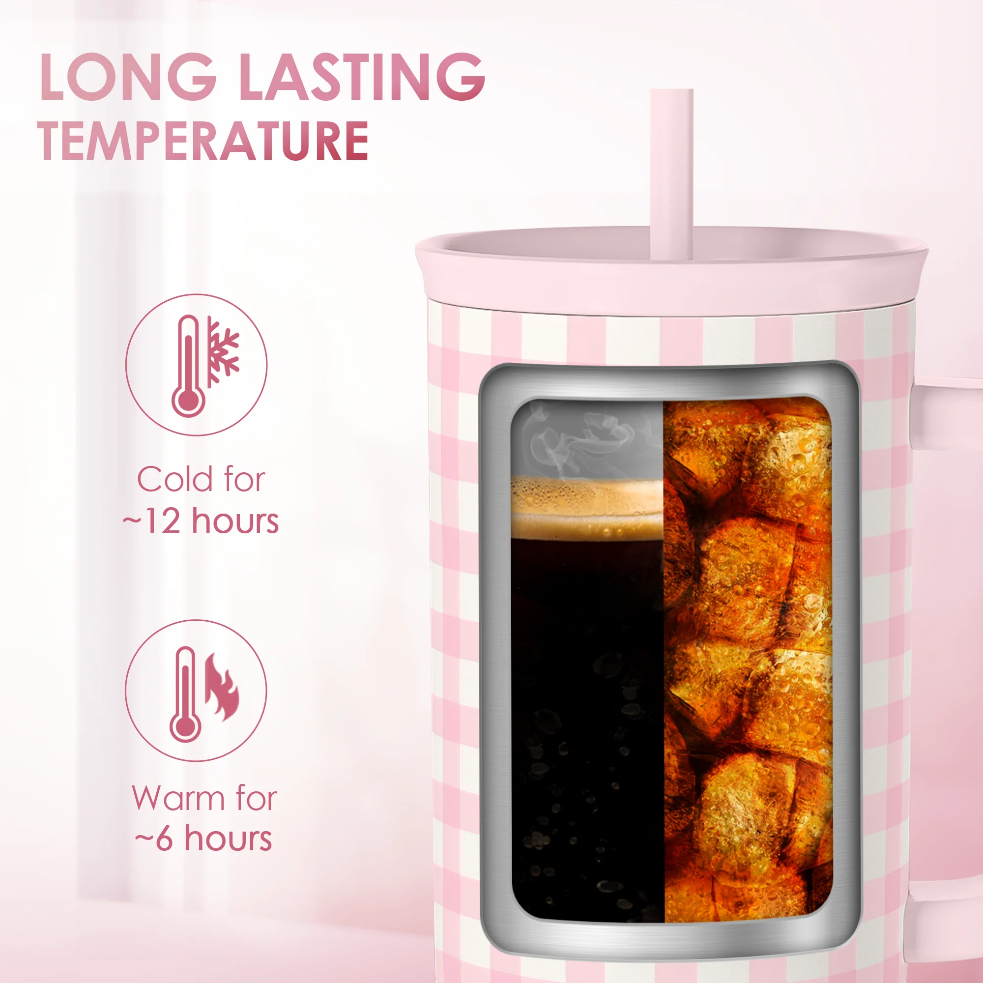 Pink Gingham 40oz Slider with Handle and Straw - Valentine's Day Tumbler - Image 6