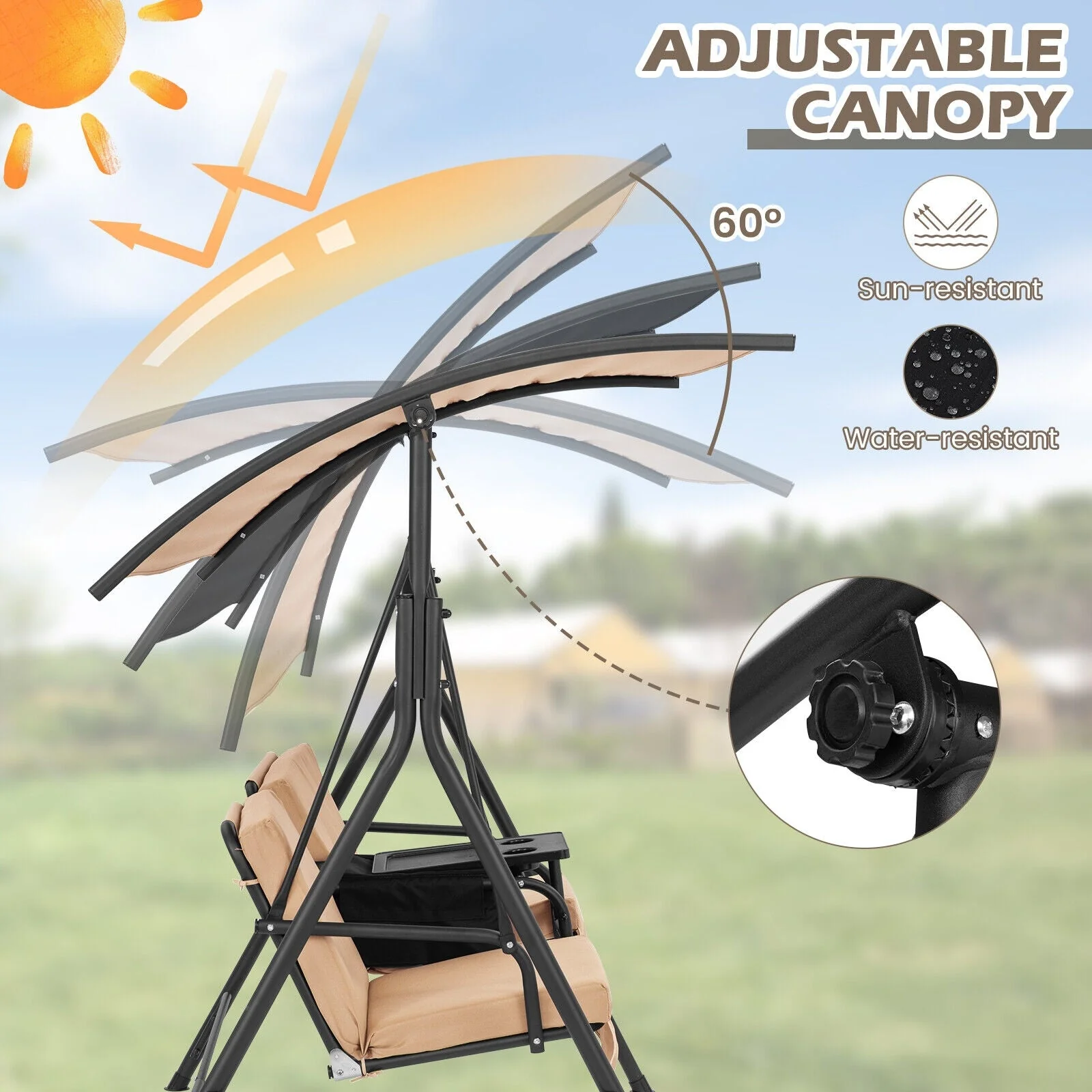 Porch Swing Chair with Adjustable Canopy - Beige - Image 7