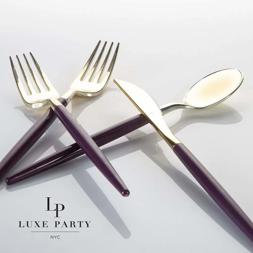 Purple • Gold Plastic Cutlery Set | 32 Pieces - Image 3