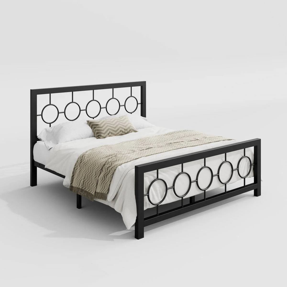 Queen Black Metal Platform Bed Frame with Circle Medallion Headboard - Image 2