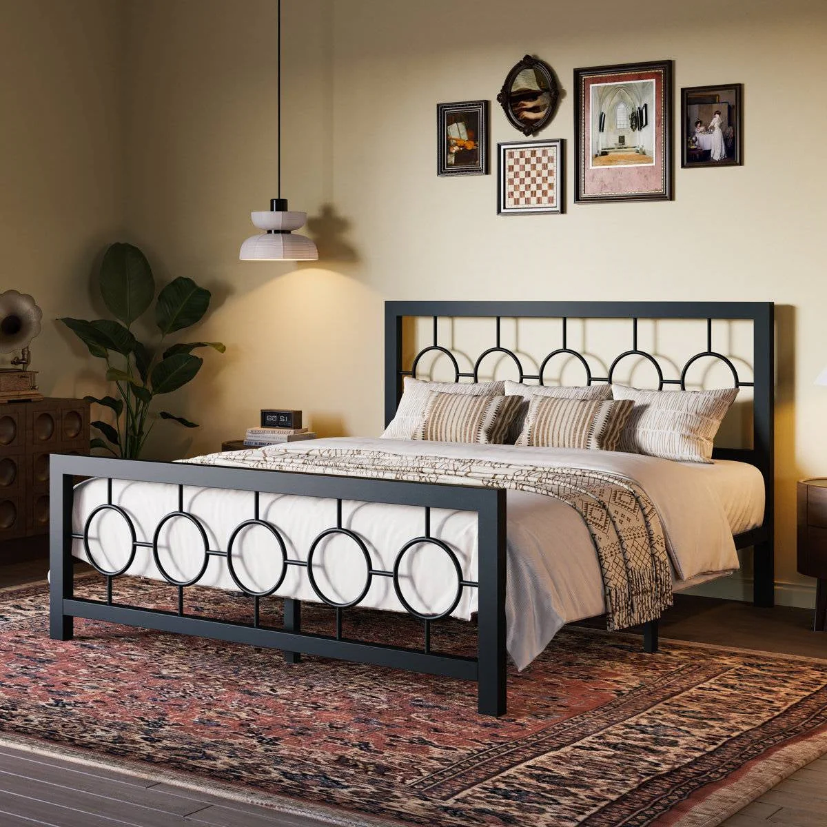 Queen Black Metal Platform Bed Frame with Circle Medallion Headboard - Image 3