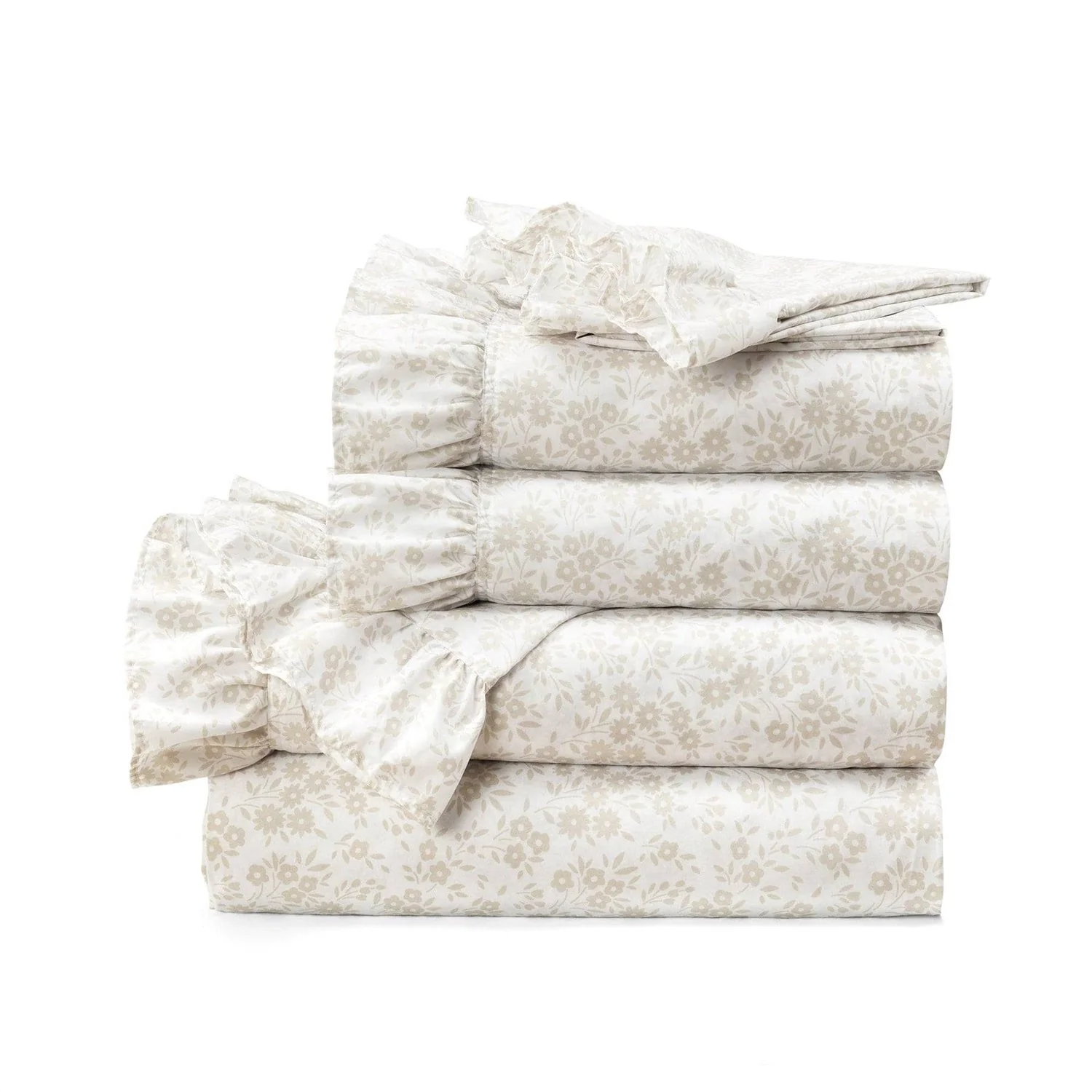 Queen Size, Polyester, Tan Ruffle Floral 6 Piece Sheet Set - Image 2