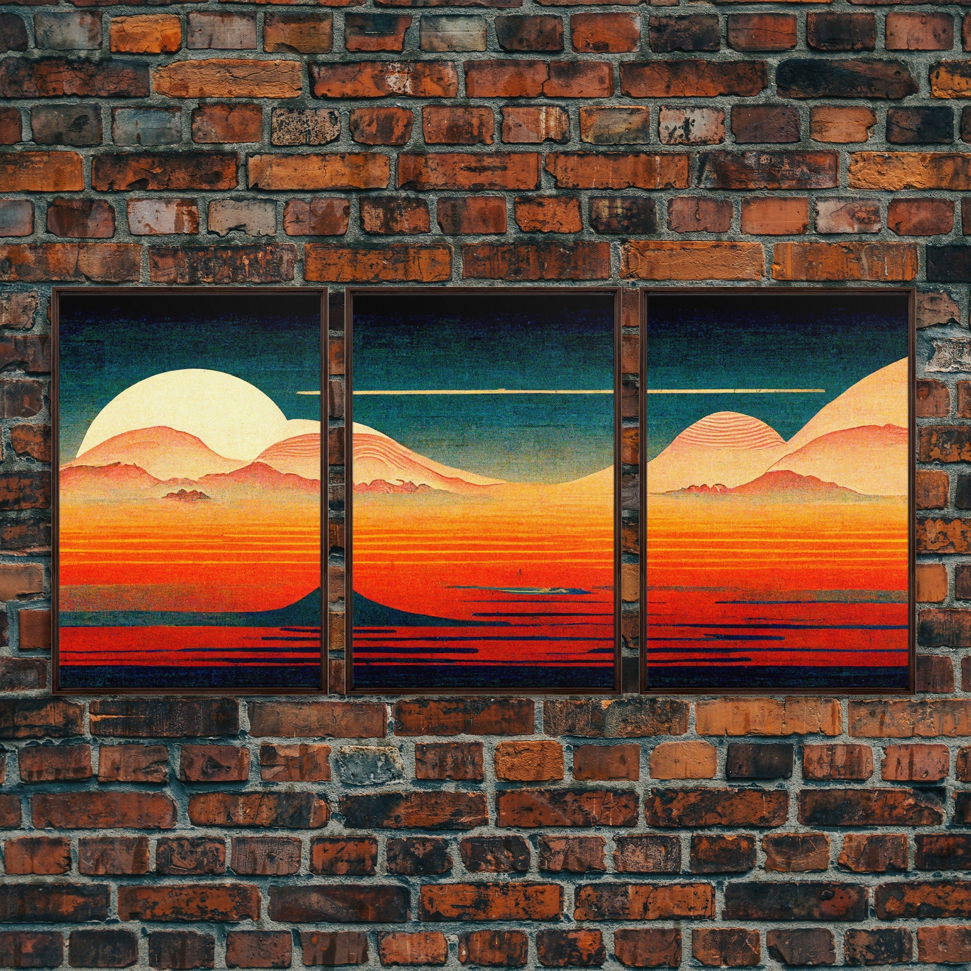 Retro Japanese Style Sunset Art, 3 Piece Wall Art, Canvas Print - Image 4