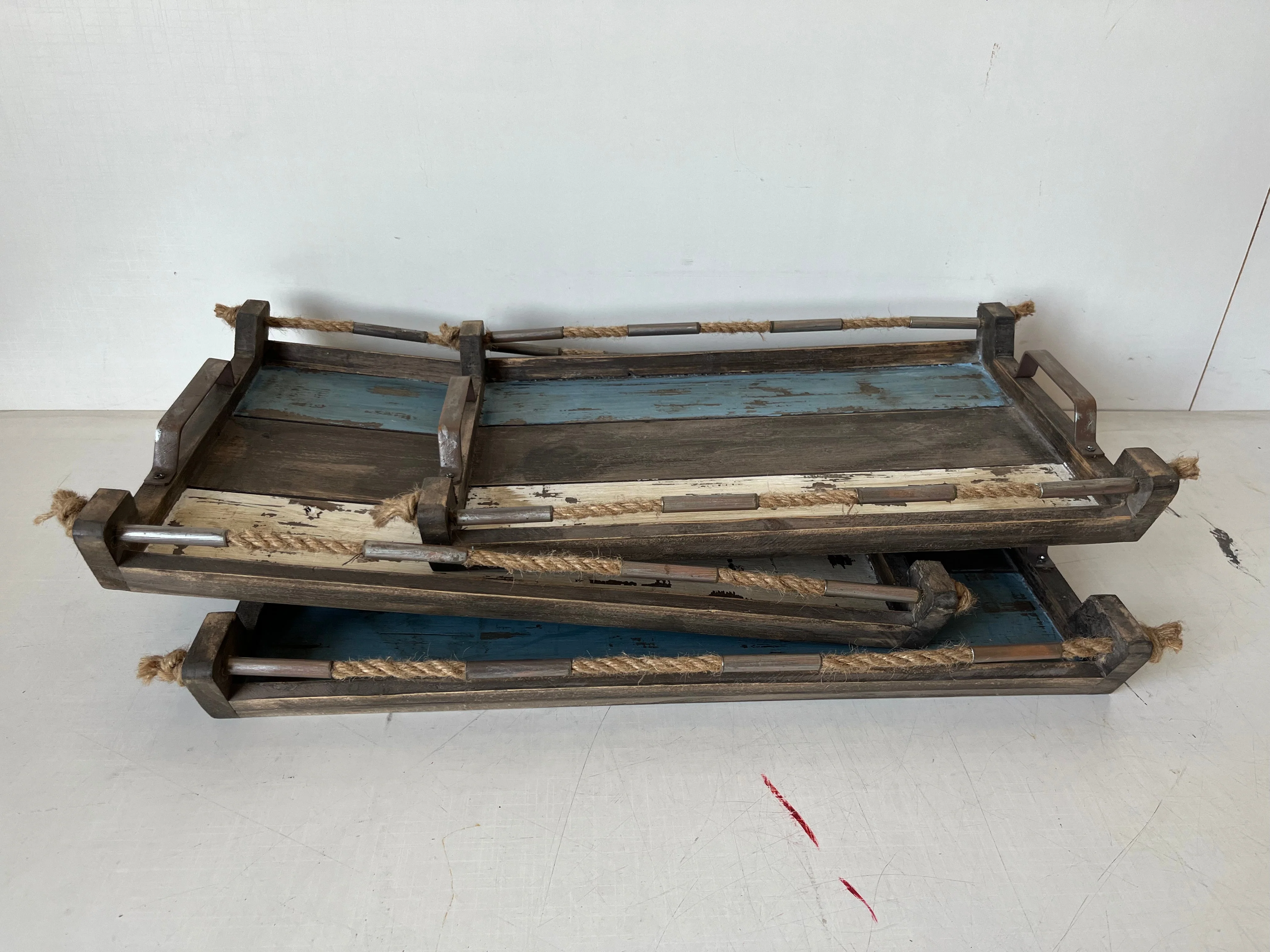 Rusty Wood Serving Tray with Metal Handle Set of 3
