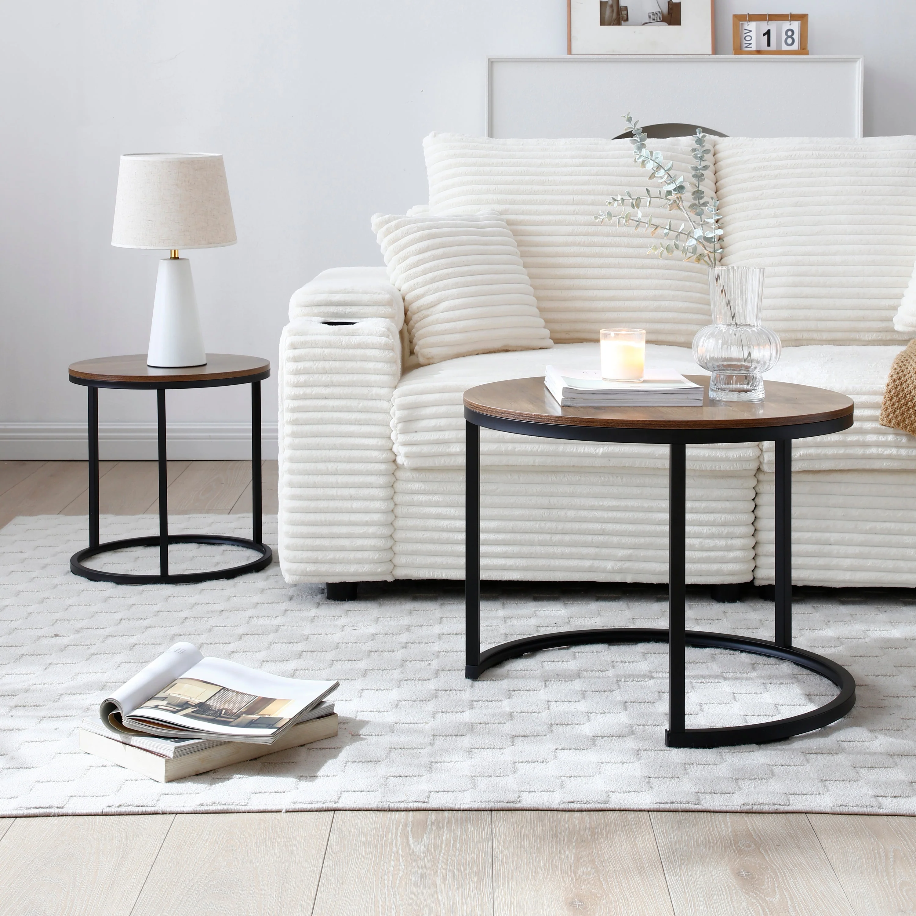 Set of 2 Coffee Table, Side Round End Table - Image 2