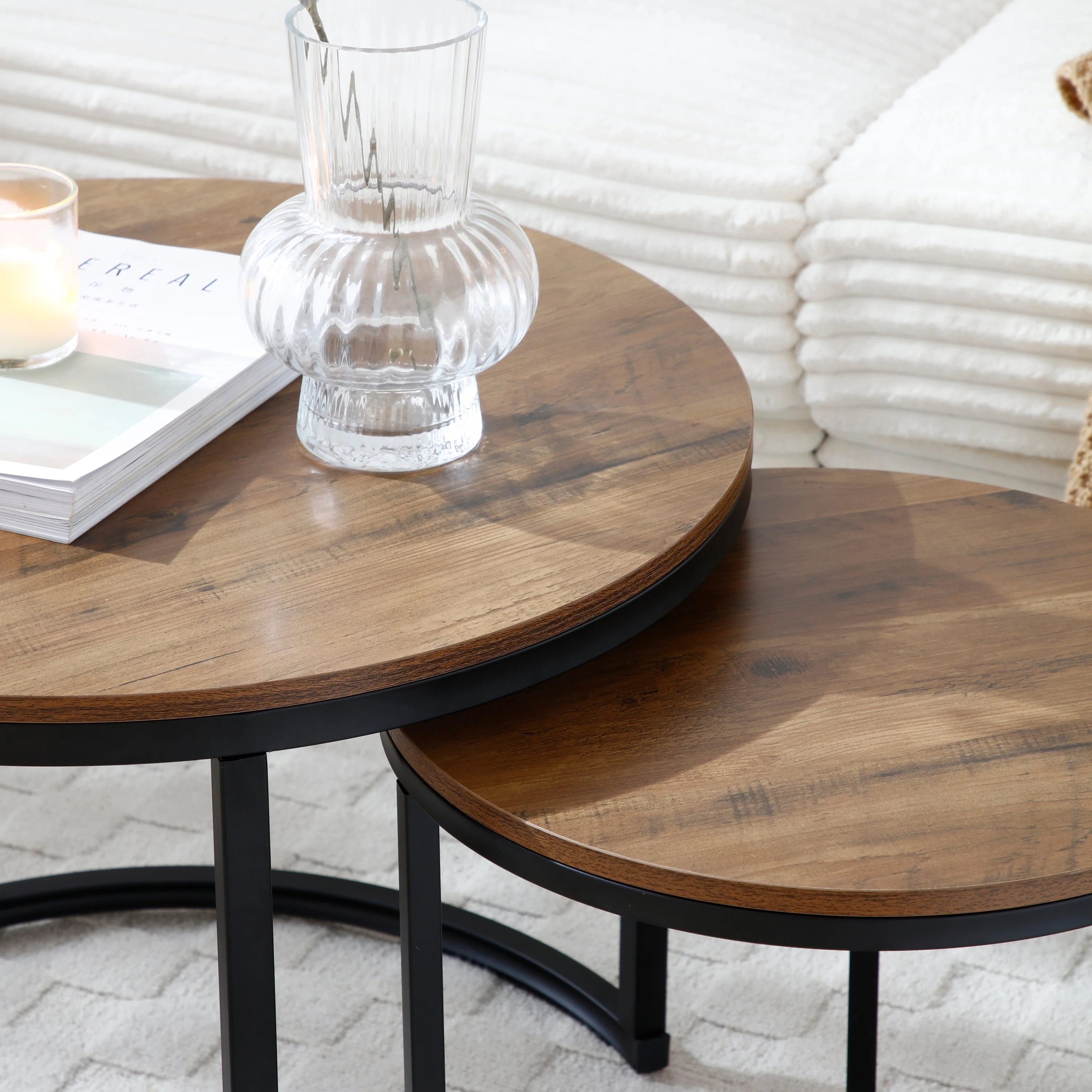 Set of 2 Coffee Table, Side Round End Table - Image 3
