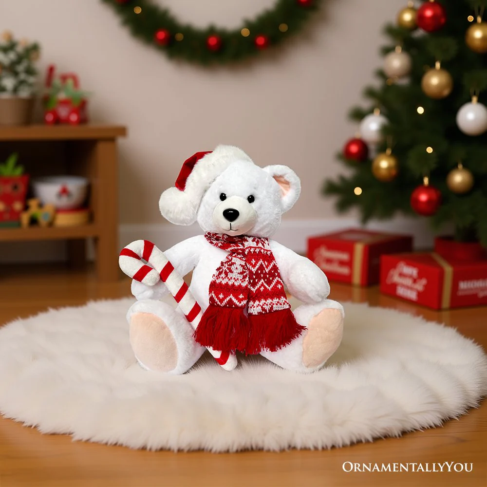 Snowy the Polar Bear Plushie - 12" Christmas Stuffed Toy with Santa Hat & Candy Cane - Image 5
