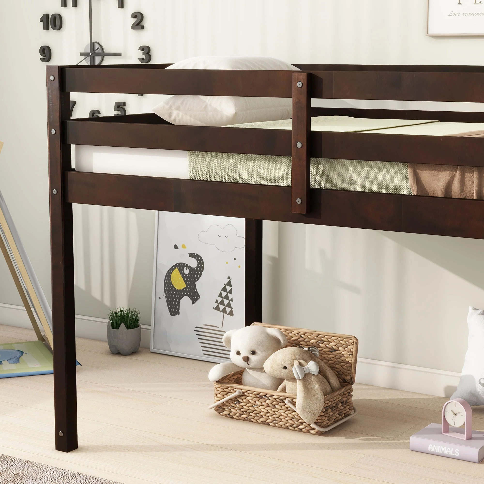 Solid Wooden, Rubber Wooden Twin Loft Bed with Ladder, Espresso - Image 4