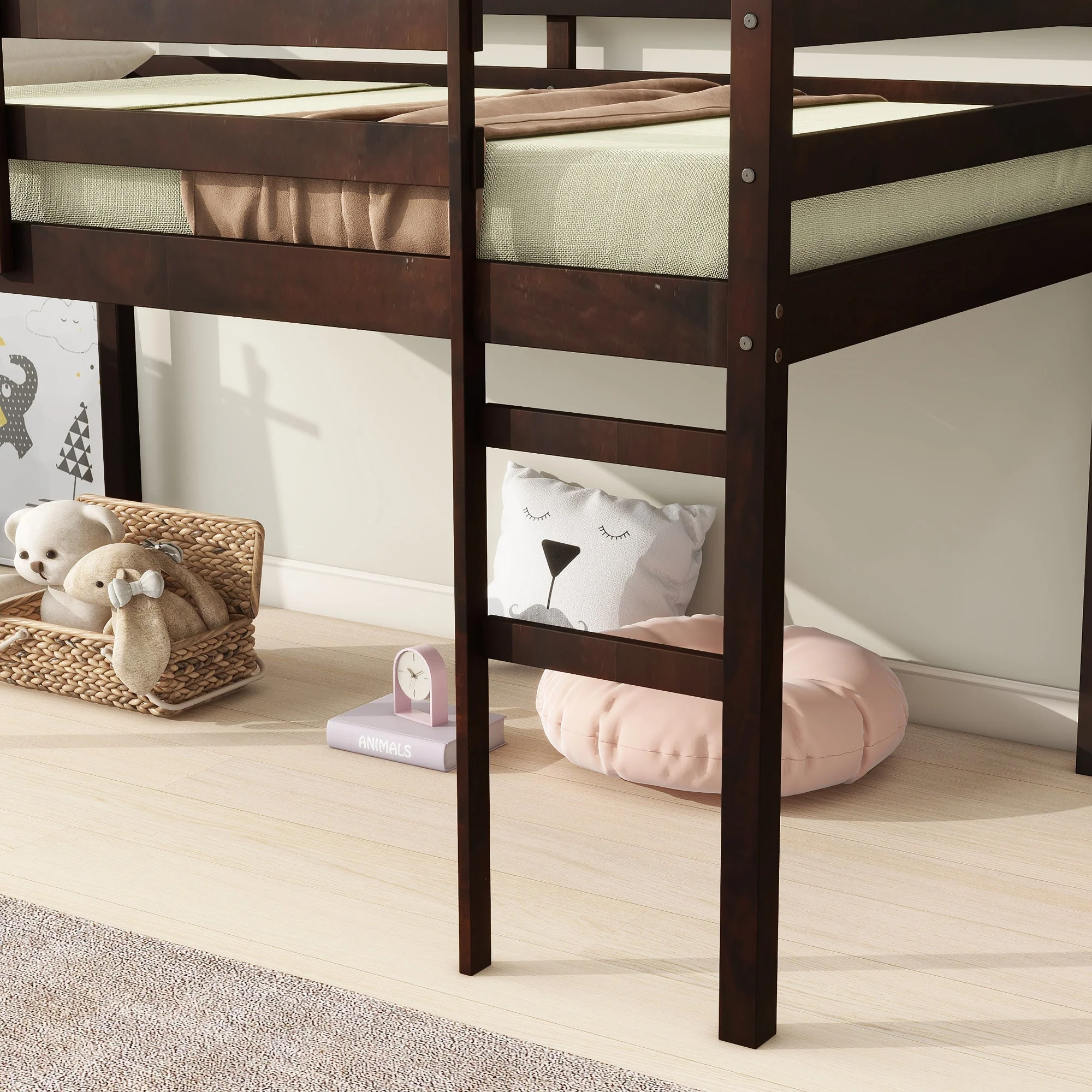 Solid Wooden, Rubber Wooden Twin Loft Bed with Ladder, Espresso - Image 5
