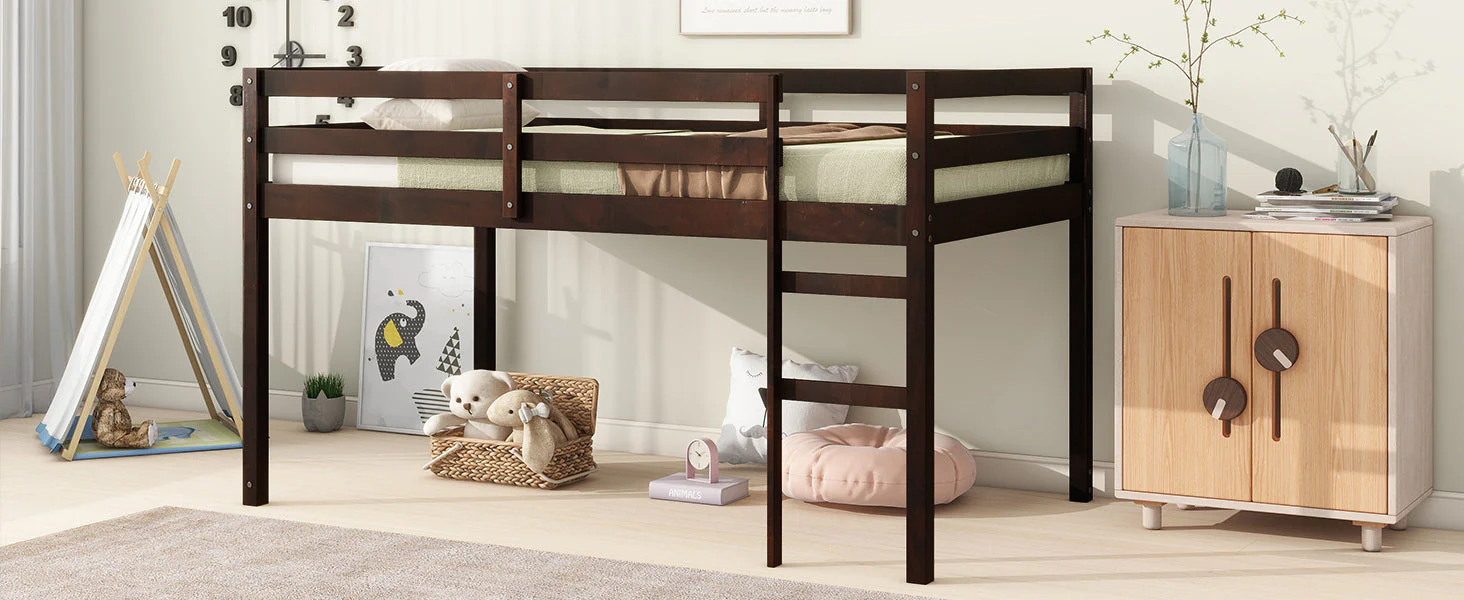 Solid Wooden, Rubber Wooden Twin Loft Bed with Ladder, Espresso - Image 7