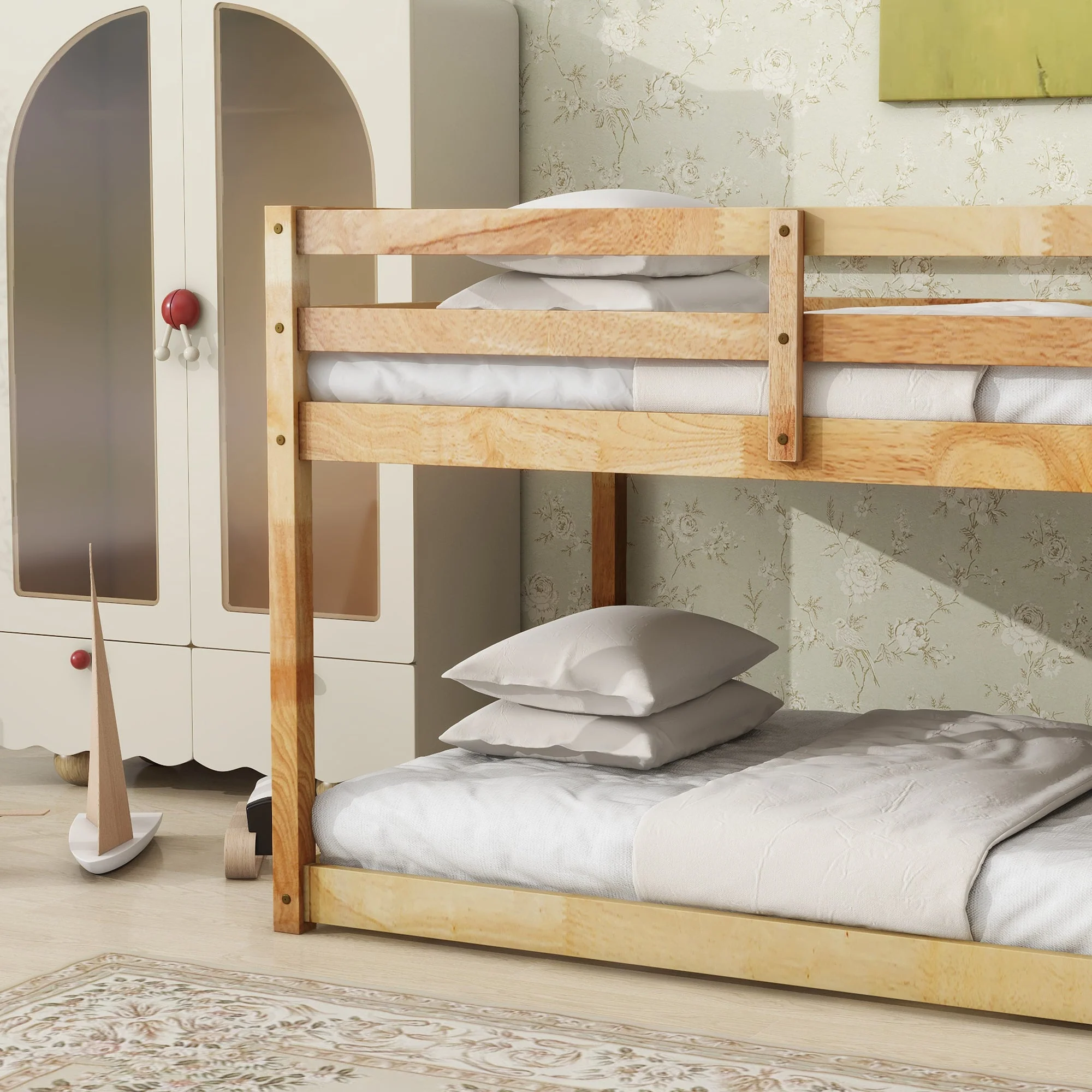Solid Rubber Wooden Twin-Over-Twin Loft Bed with Ladder, Natural - Image 5