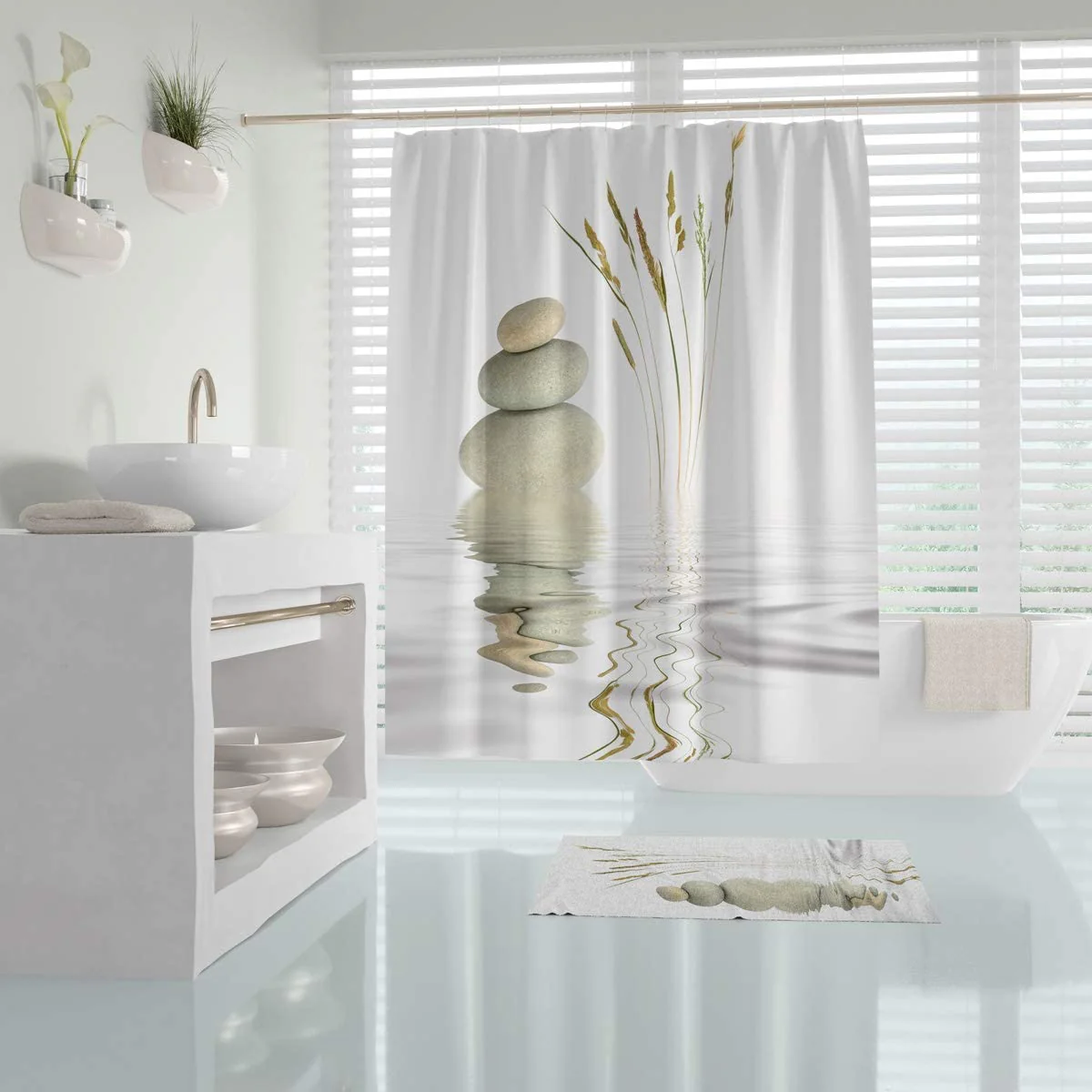 Stone and Reed Shower Curtain, Heavy Duty Design with 12 Grommets and Hooks, 72 x 72 Inches - Image 4