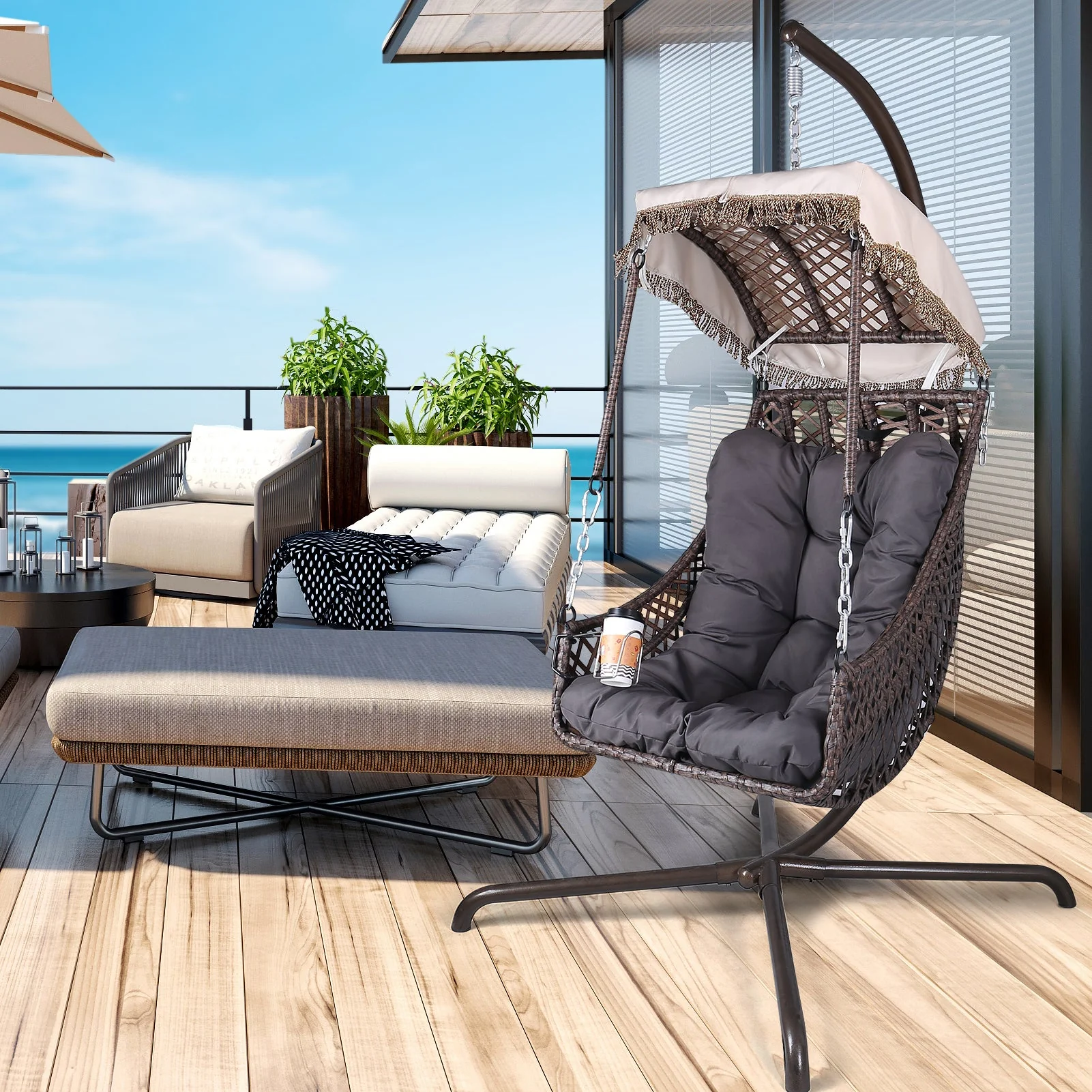 Swing Egg Chair with Stand, Rattan Frame, Hammock Chair - Image 10