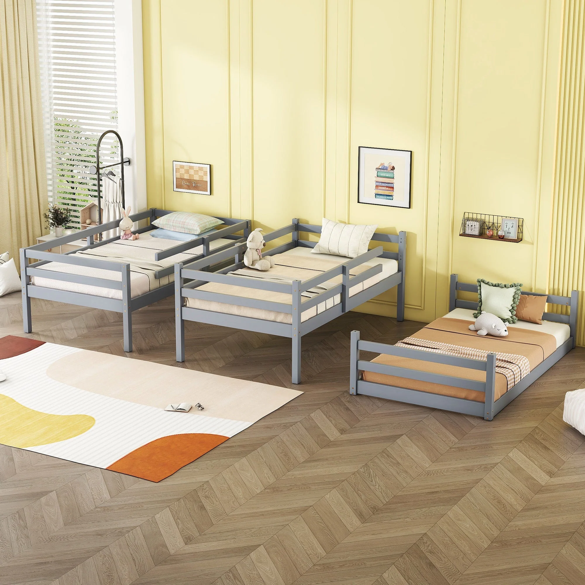 Triple Rubber Wood Bunk Bed with Two Built-in Ladders, Guardrails, Detachable Triple Twin Bunk Bed, Grey - Image 3