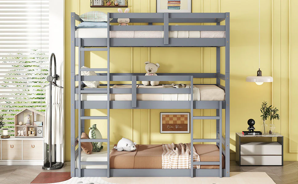 Triple Rubber Wood Bunk Bed with Two Built-in Ladders, Guardrails, Detachable Triple Twin Bunk Bed, Grey - Image 9