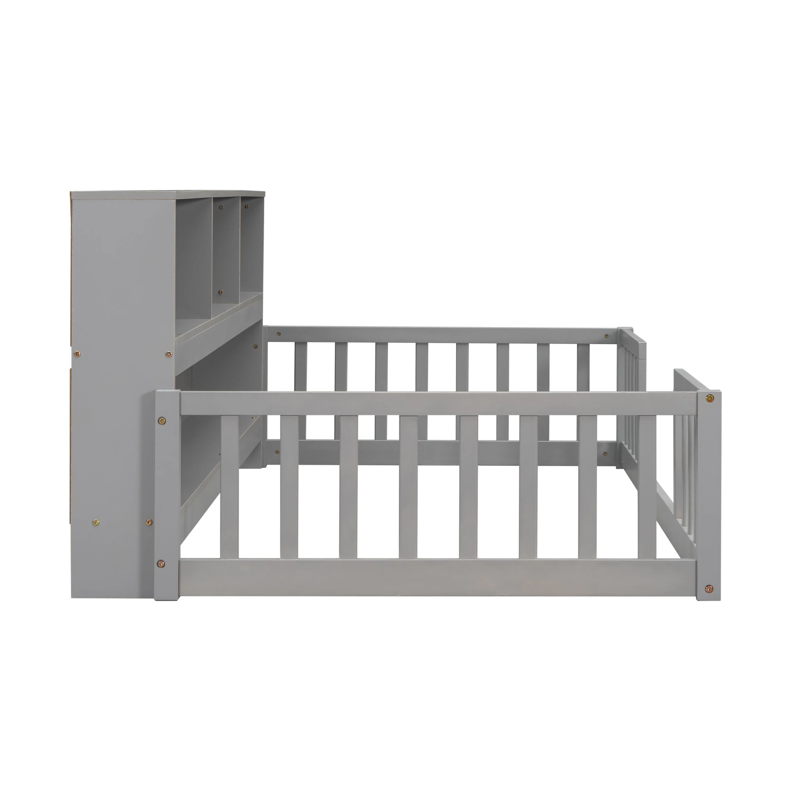 Twin Floor Bed with Bedside Bookcase, Shelves, Guardrails, Grey - Image 11