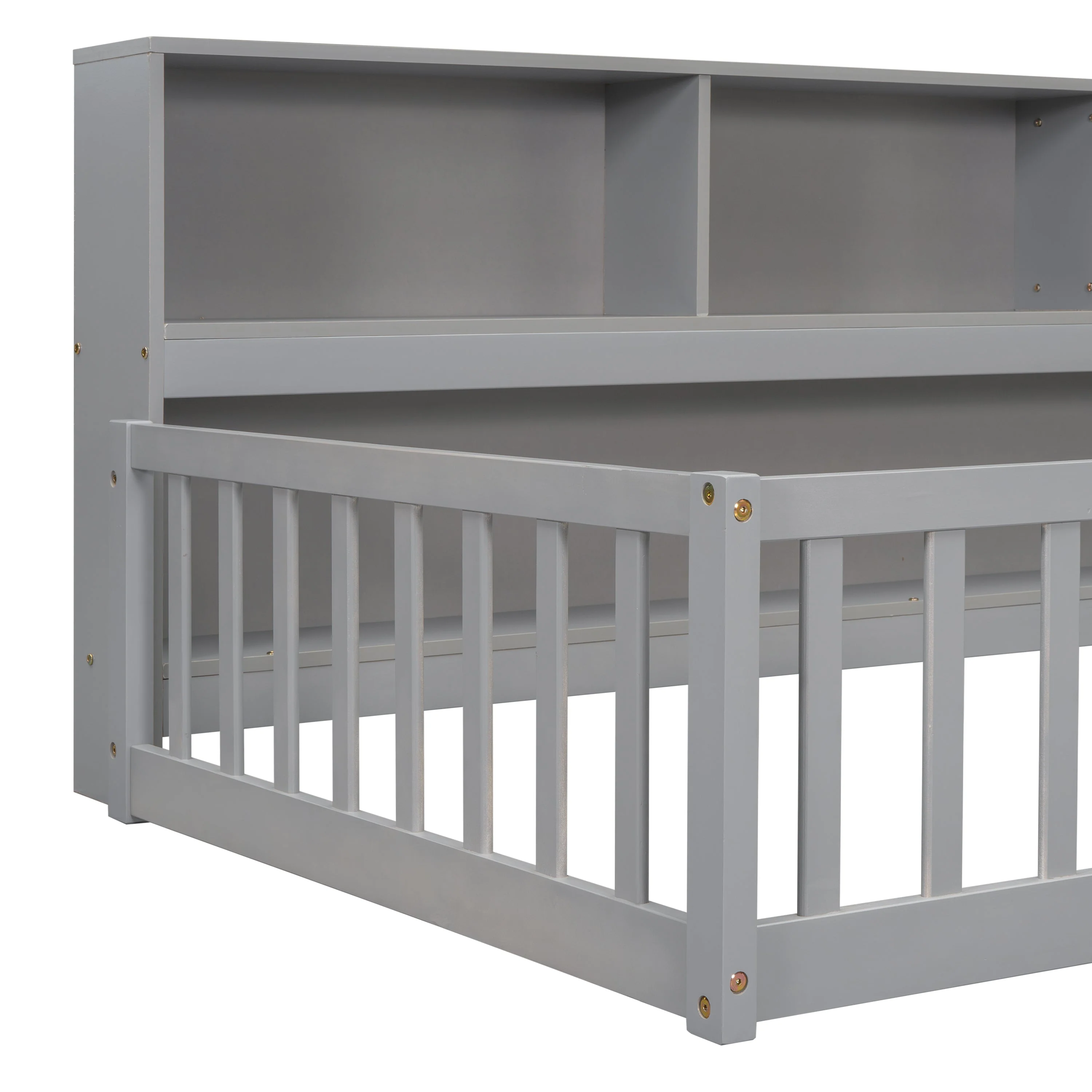 Twin Floor Bed with Bedside Bookcase, Shelves, Guardrails, Grey - Image 16